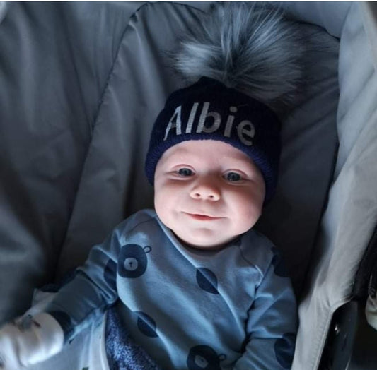 Personalised Navy Knitted Single Grey Fluffy Faux Fur Pom Hat - Nana B Baby & Childrenswear Boutique