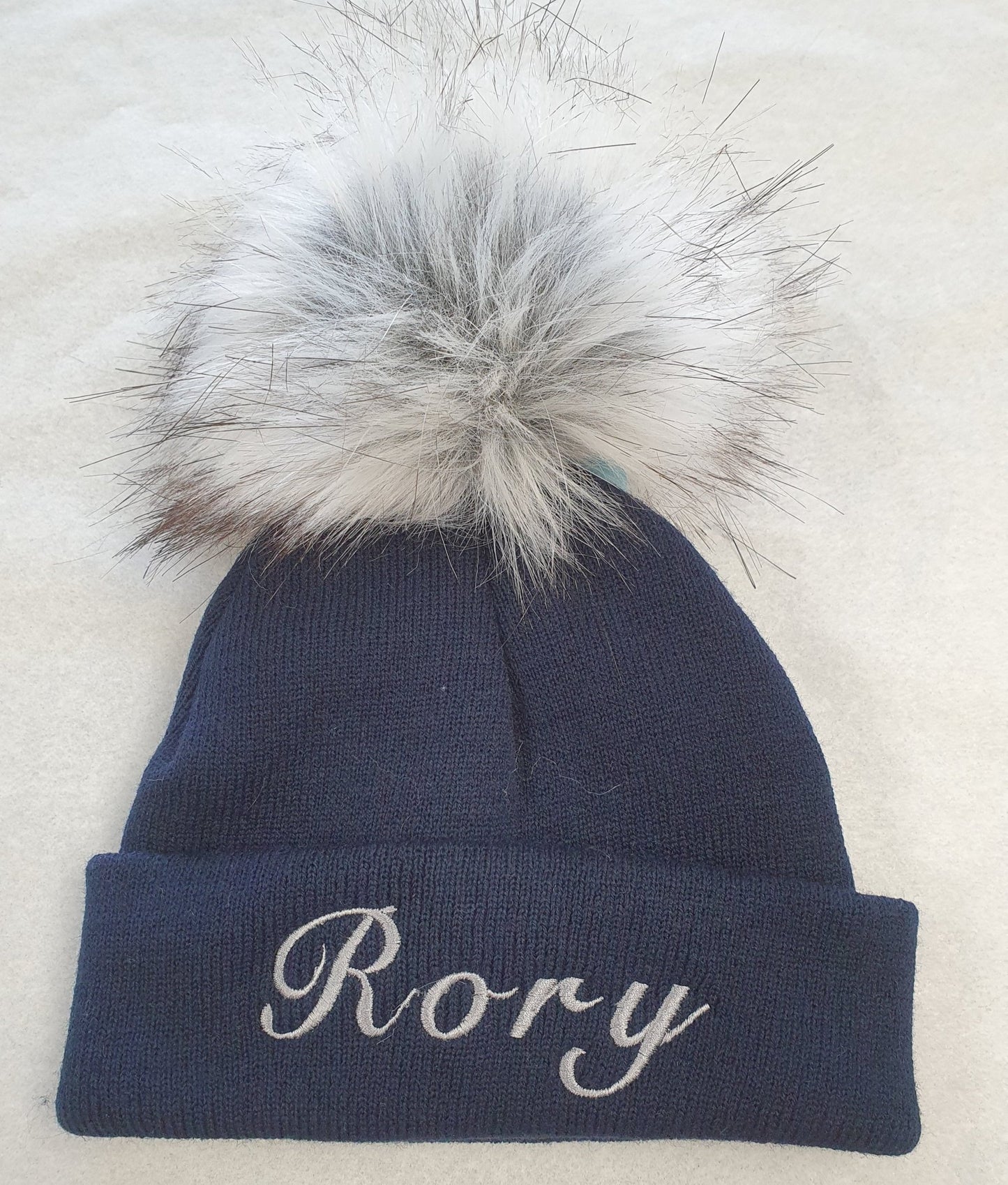 Personalised Navy Knitted Single Grey Fluffy Faux Fur Pom Hat - Nana B Baby & Childrenswear Boutique