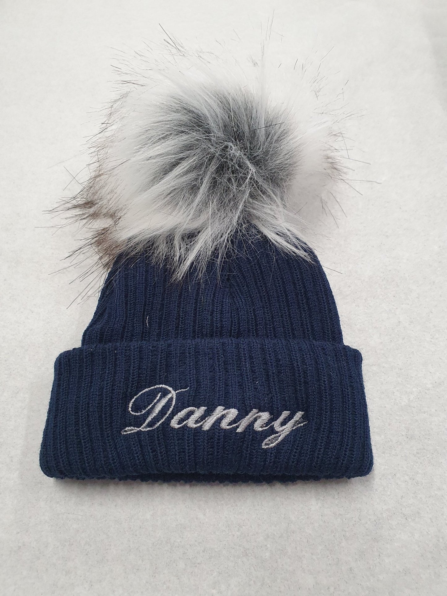 Personalised Navy Knitted Single Grey Fluffy Faux Fur Pom Hat - Nana B Baby & Childrenswear Boutique