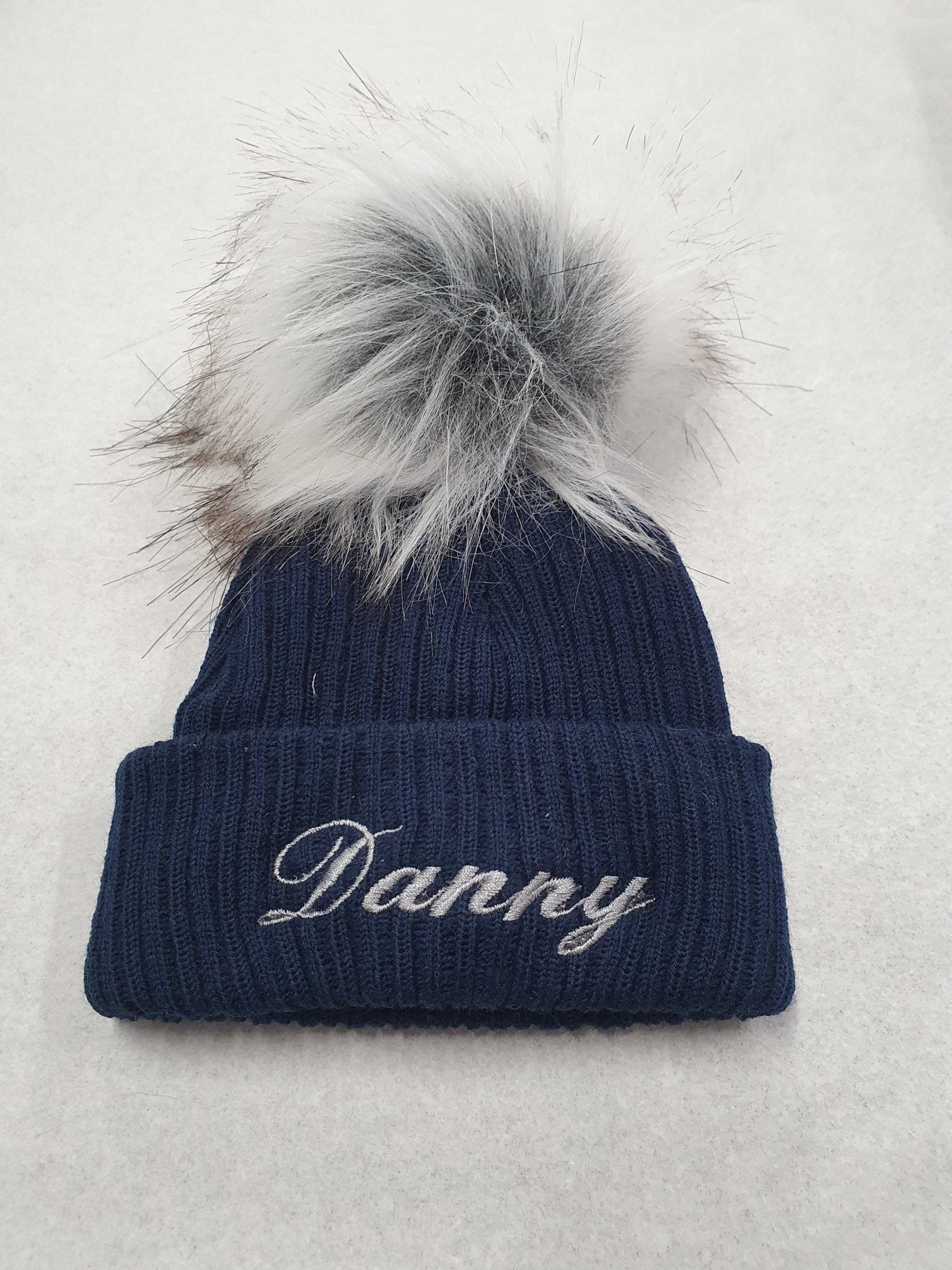 Personalised Navy Knitted Single Grey Fluffy Faux Fur Pom Hat - Nana B Baby & Childrenswear Boutique