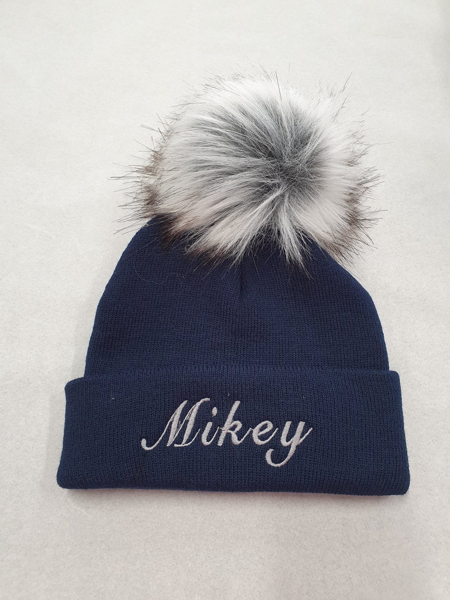 Personalised Navy Knitted Single Grey Fluffy Faux Fur Pom Hat - Nana B Baby & Childrenswear Boutique