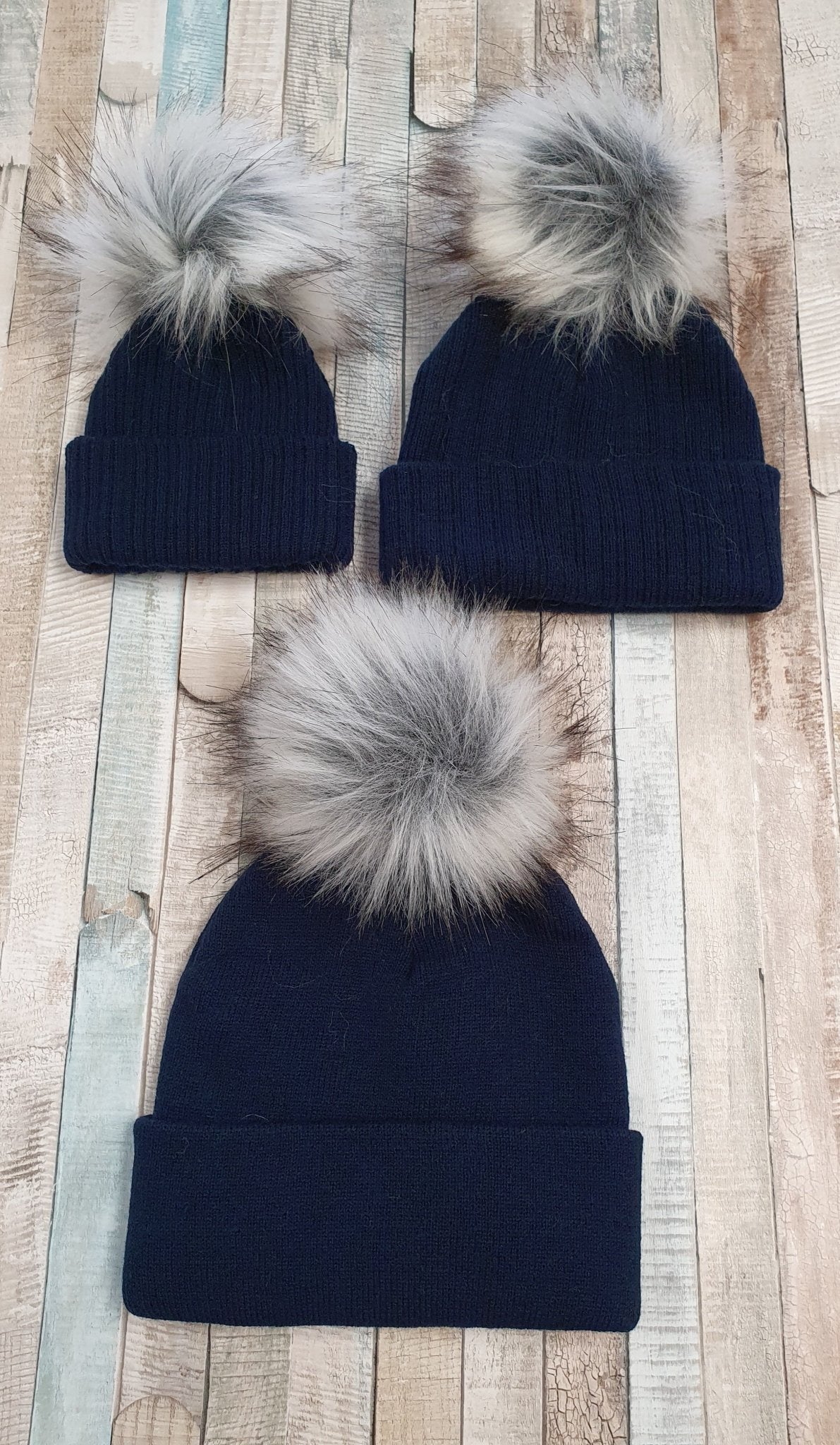 Personalised Navy Knitted Single Grey Fluffy Faux Fur Pom Hat - Nana B Baby & Childrenswear Boutique