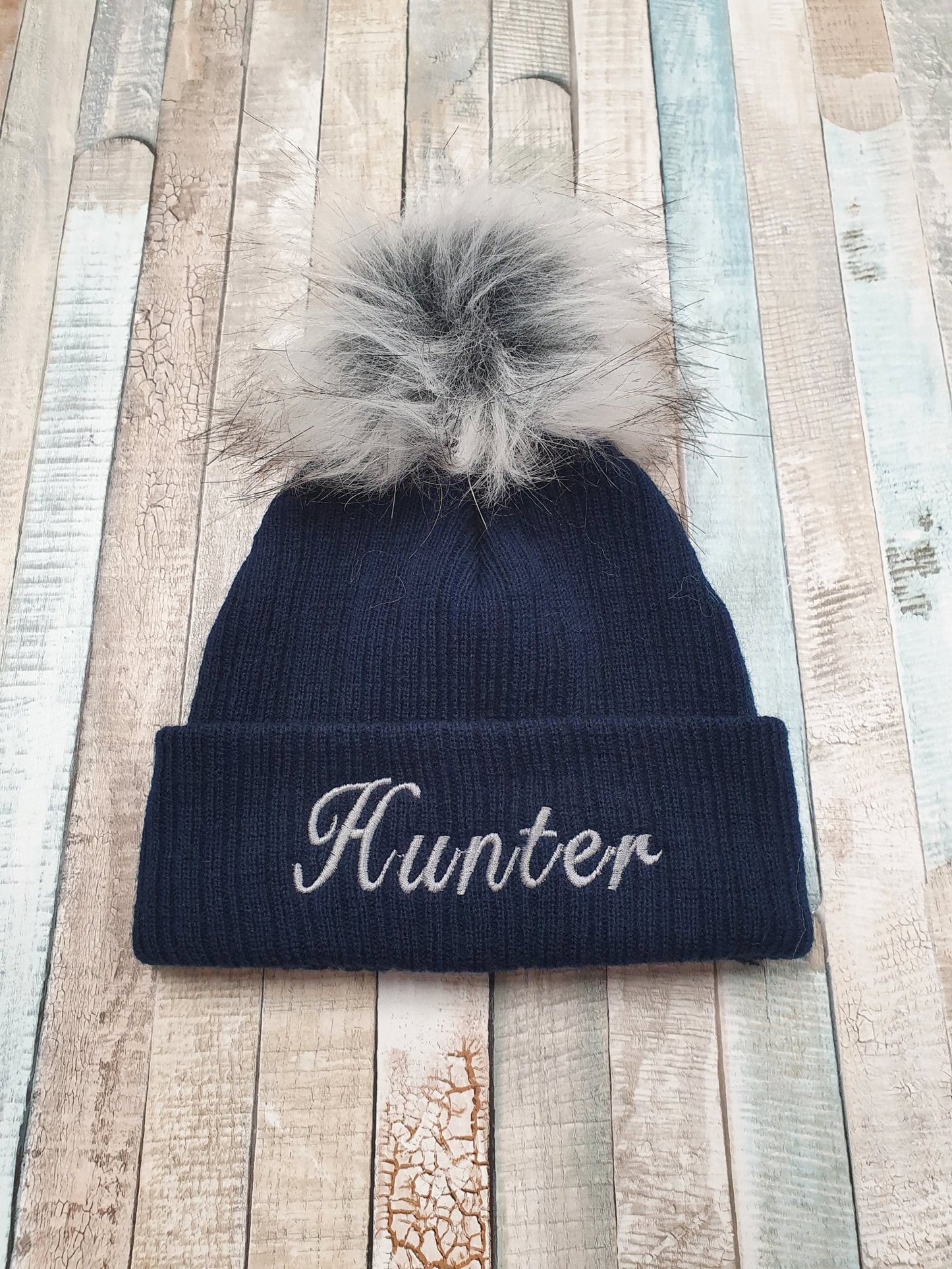 Personalised Navy Knitted Single Grey Fluffy Faux Fur Pom Hat - Nana B Baby & Childrenswear Boutique