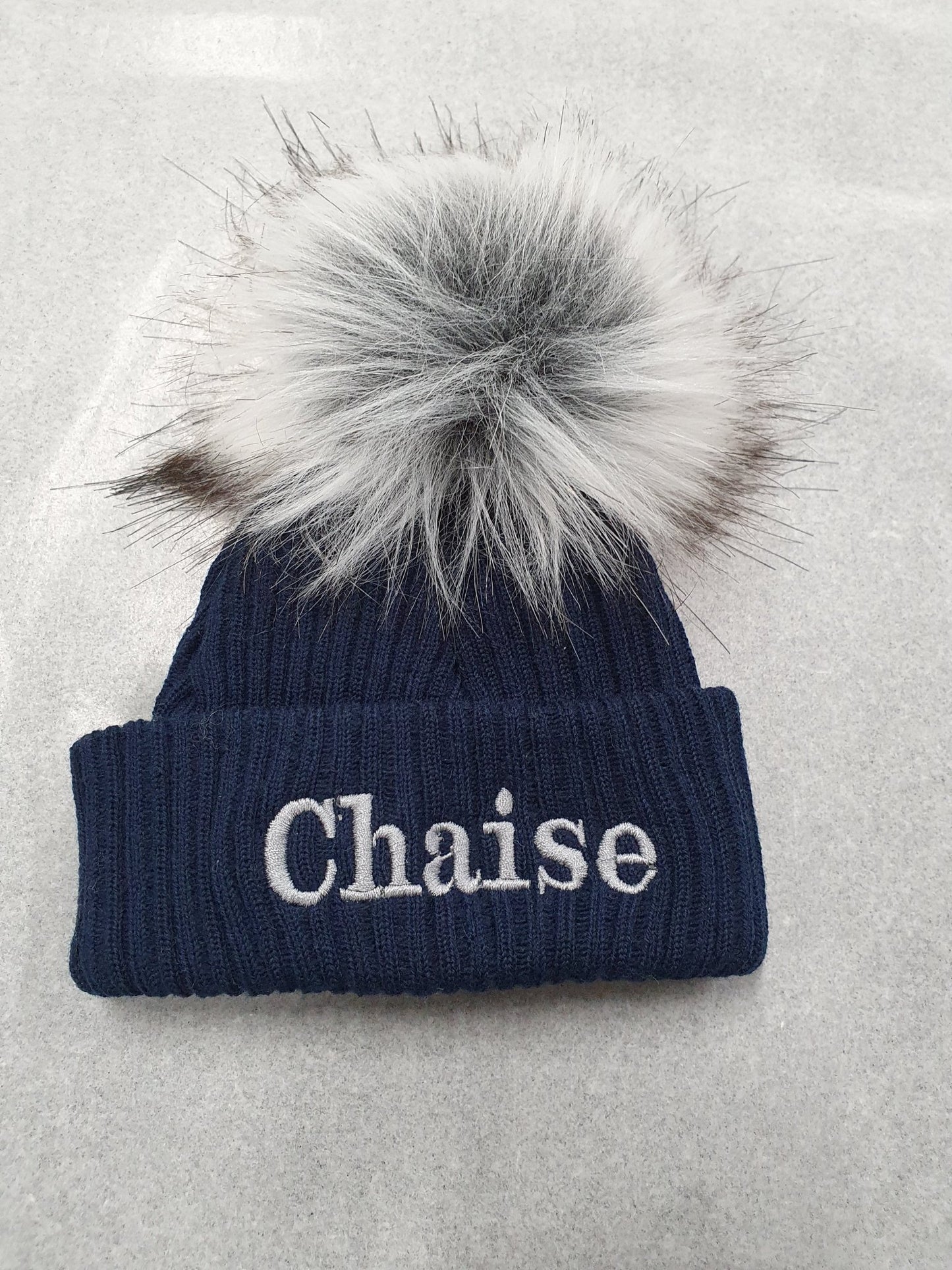 Personalised Navy Knitted Single Grey Fluffy Faux Fur Pom Hat - Nana B Baby & Childrenswear Boutique