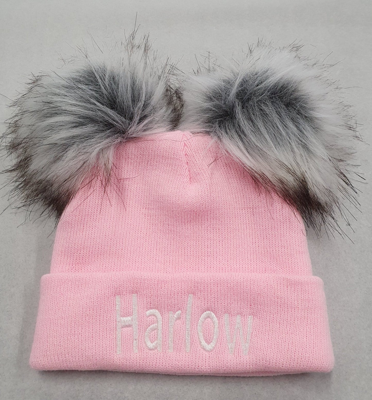 Personalised Pink Knitted Double Grey Fluffy Faux Fur Pom Hat - Nana B Baby & Childrenswear Boutique