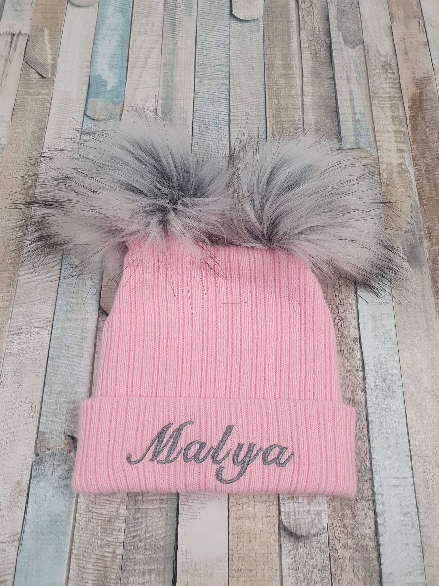 Personalised Pink Knitted Double Grey Fluffy Faux Fur Pom Hat - Nana B Baby & Childrenswear Boutique