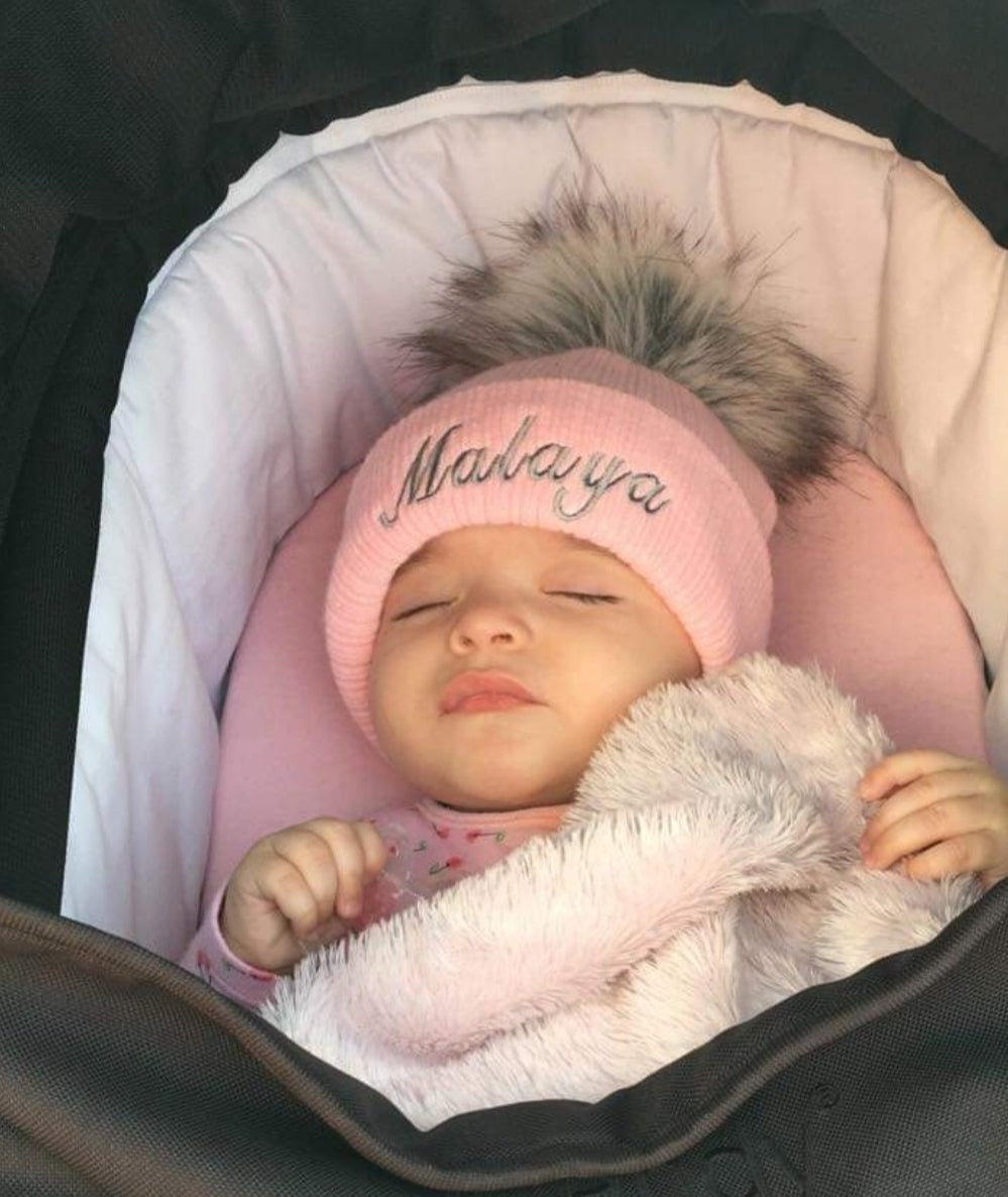 Personalised Pink Knitted Single Grey Fluffy Faux Fur Pom Hat - Nana B Baby & Childrenswear Boutique