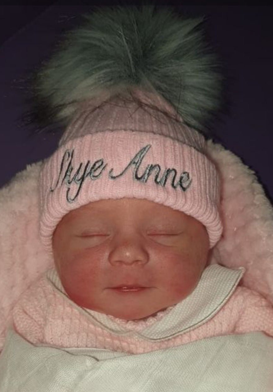 Personalised Pink Knitted Single Grey Fluffy Faux Fur Pom Hat - Nana B Baby & Childrenswear Boutique