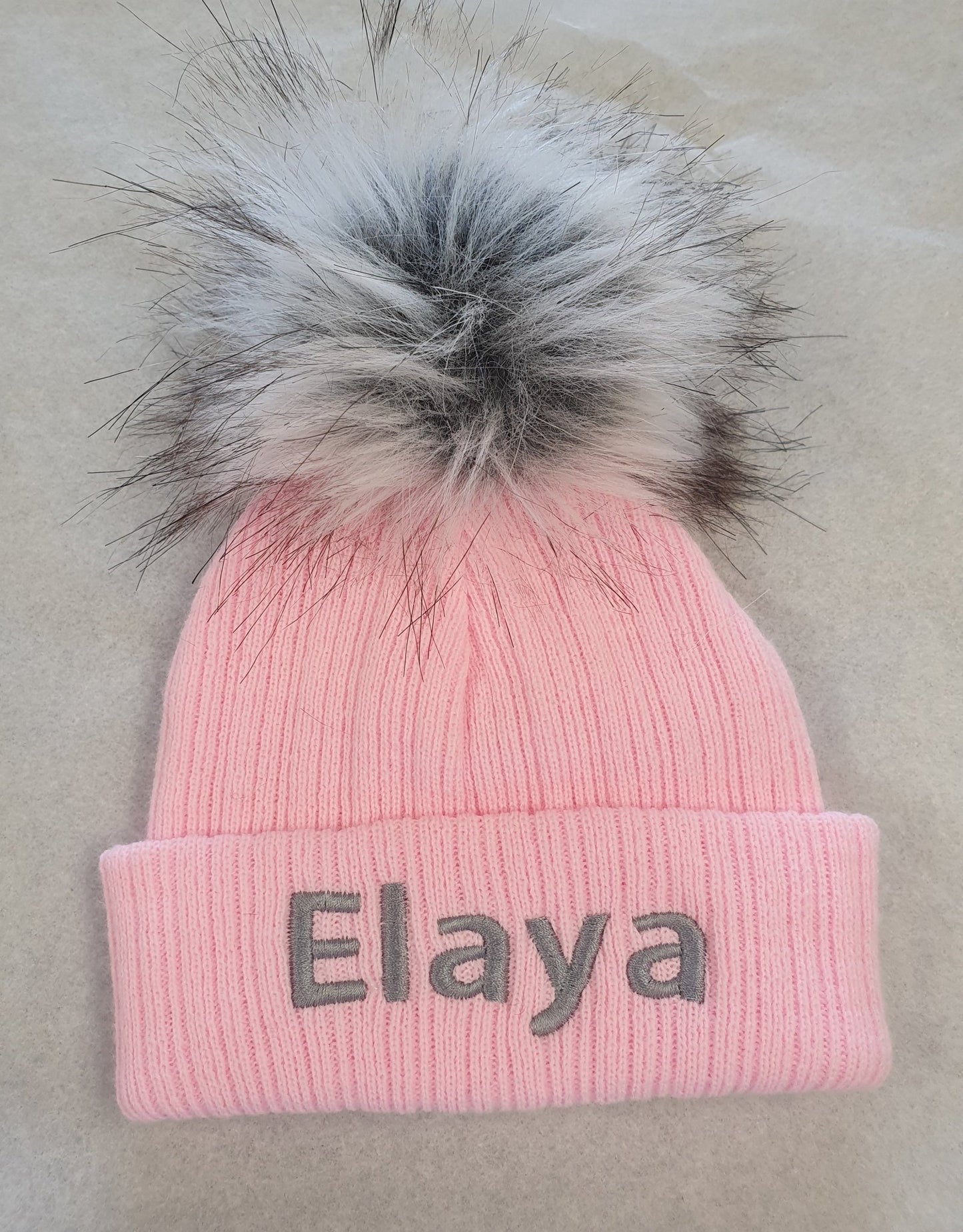 Personalised Pink Knitted Single Grey Fluffy Faux Fur Pom Hat - Nana B Baby & Childrenswear Boutique