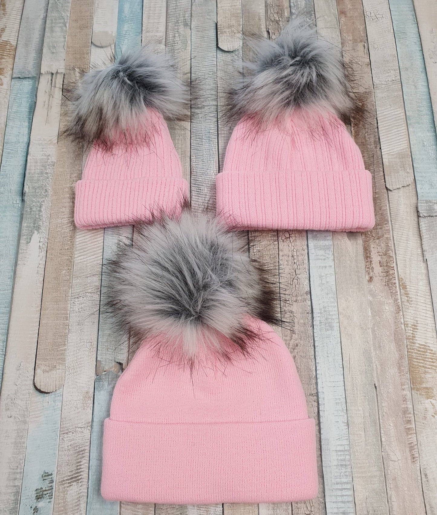 Personalised Pink Knitted Single Grey Fluffy Faux Fur Pom Hat - Nana B Baby & Childrenswear Boutique