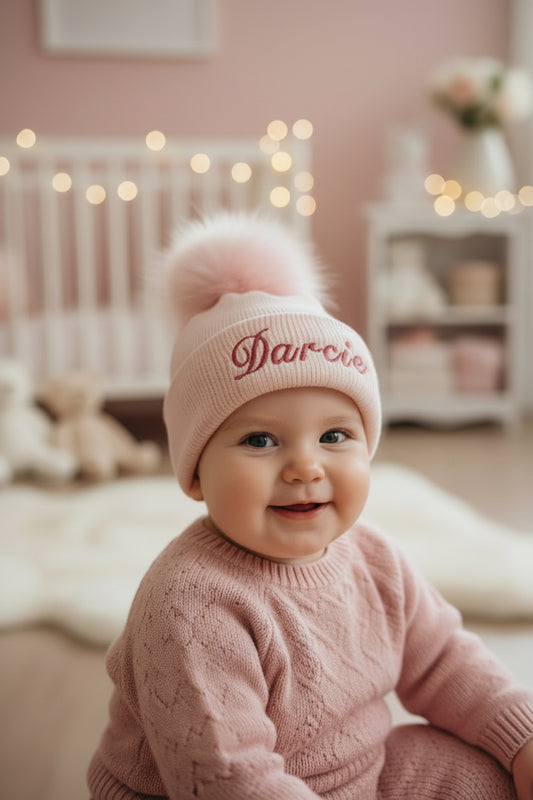 Personalised Pink Knitted Single Pink Fluffy Faux Fur Pom Hat - Nana B Baby & Childrenswear Boutique