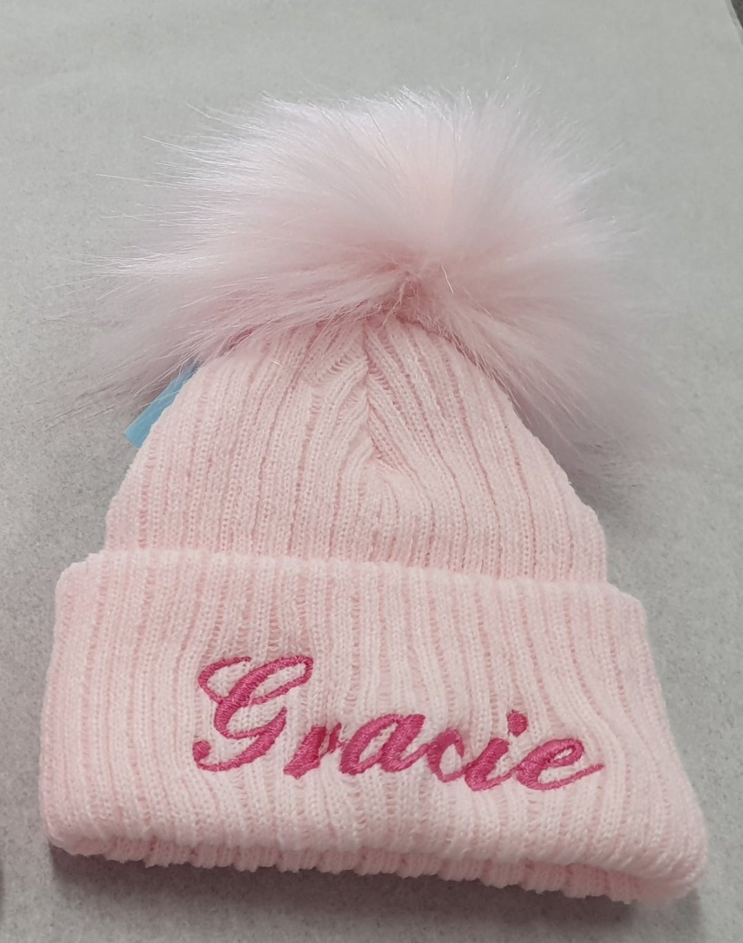 Personalised Pink Knitted Single Pink Fluffy Faux Fur Pom Hat - Nana B Baby & Childrenswear Boutique