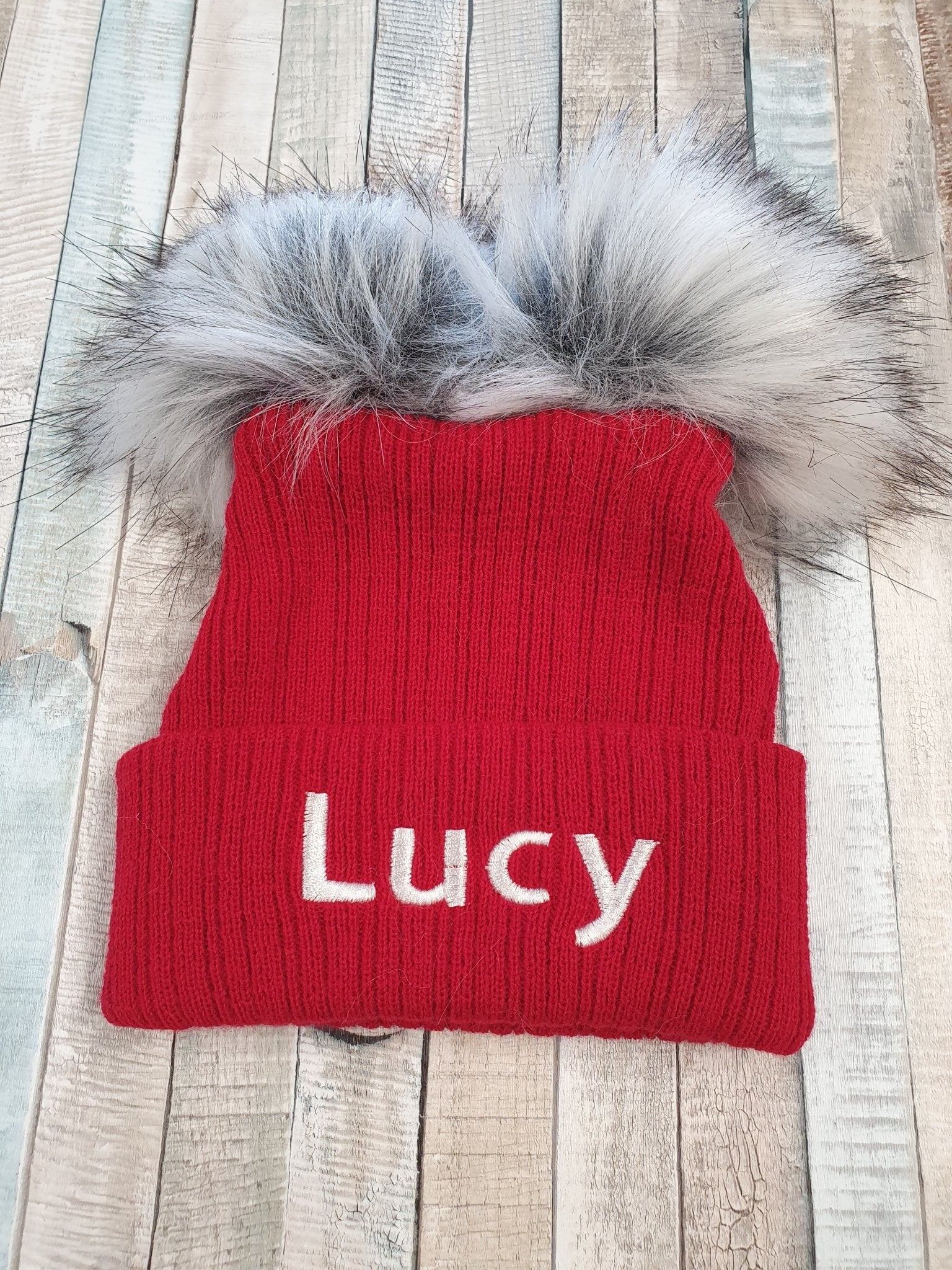 Personalised Red Knitted Double Fluffy Faux Fur Pom Hat - Nana B Baby & Childrenswear Boutique