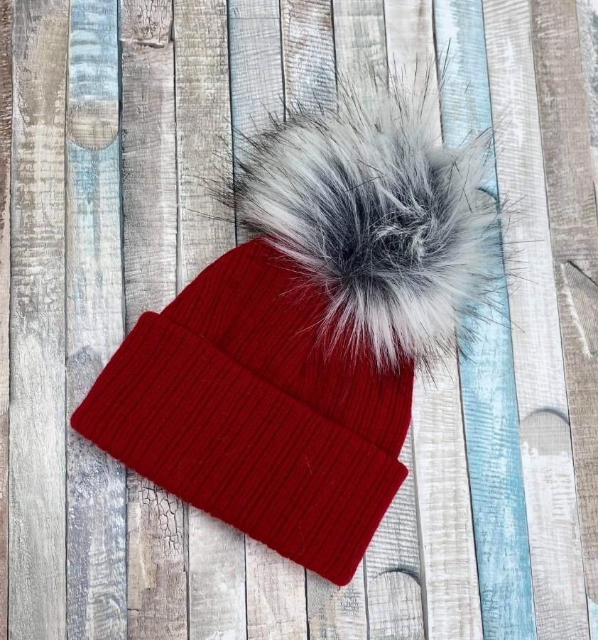Personalised Red Knitted Single Grey Fluffy Faux Fur Pom Hat - Nana B Baby & Childrenswear Boutique