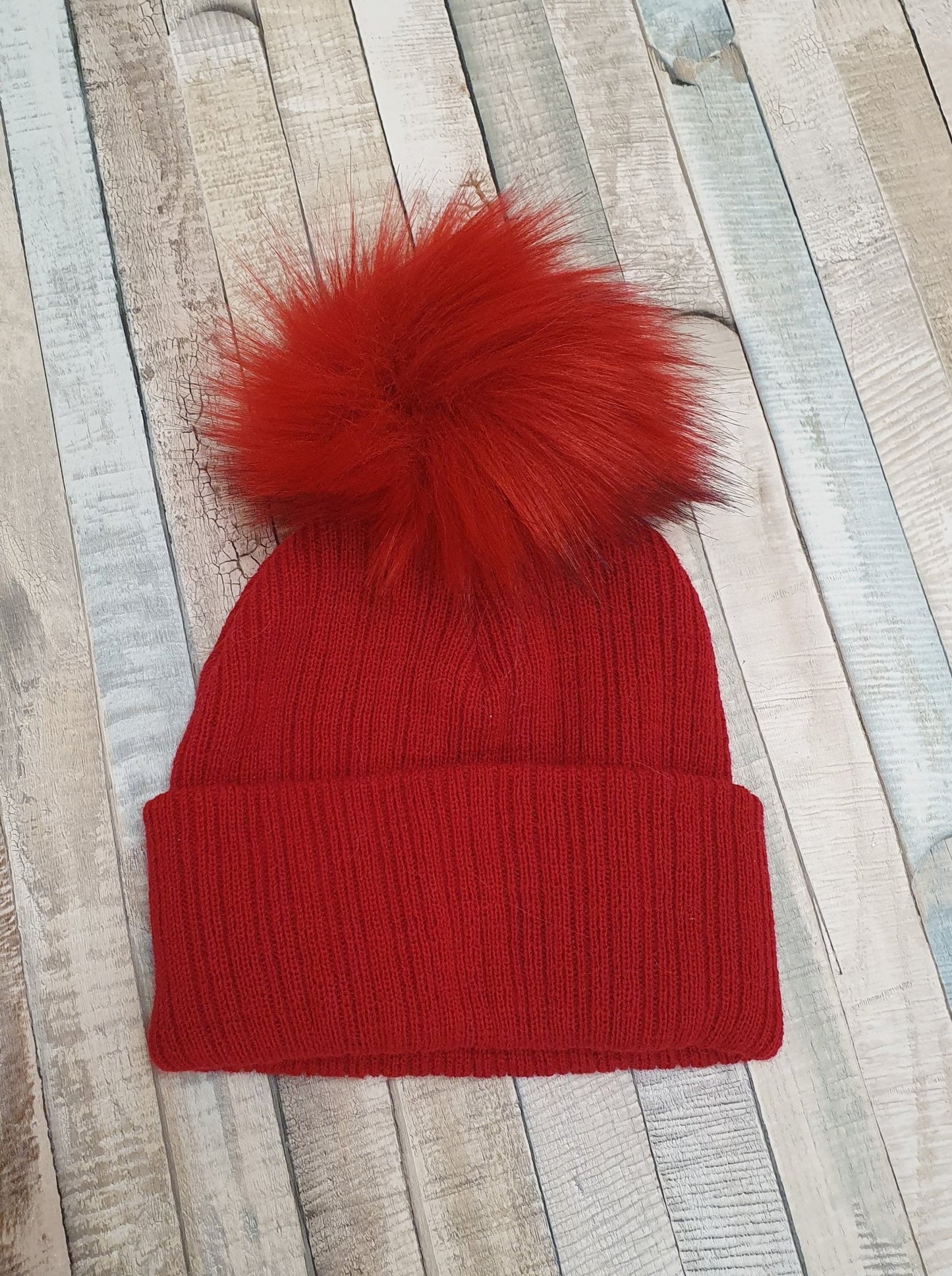 Personalised Red Knitted Single Red Fluffy Faux Fur Pom Hat - Nana B Baby & Childrenswear Boutique