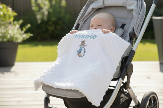 Personalised White Dimple Blanket With Blue Rabbit - Nana B Baby & Childrenswear Boutique