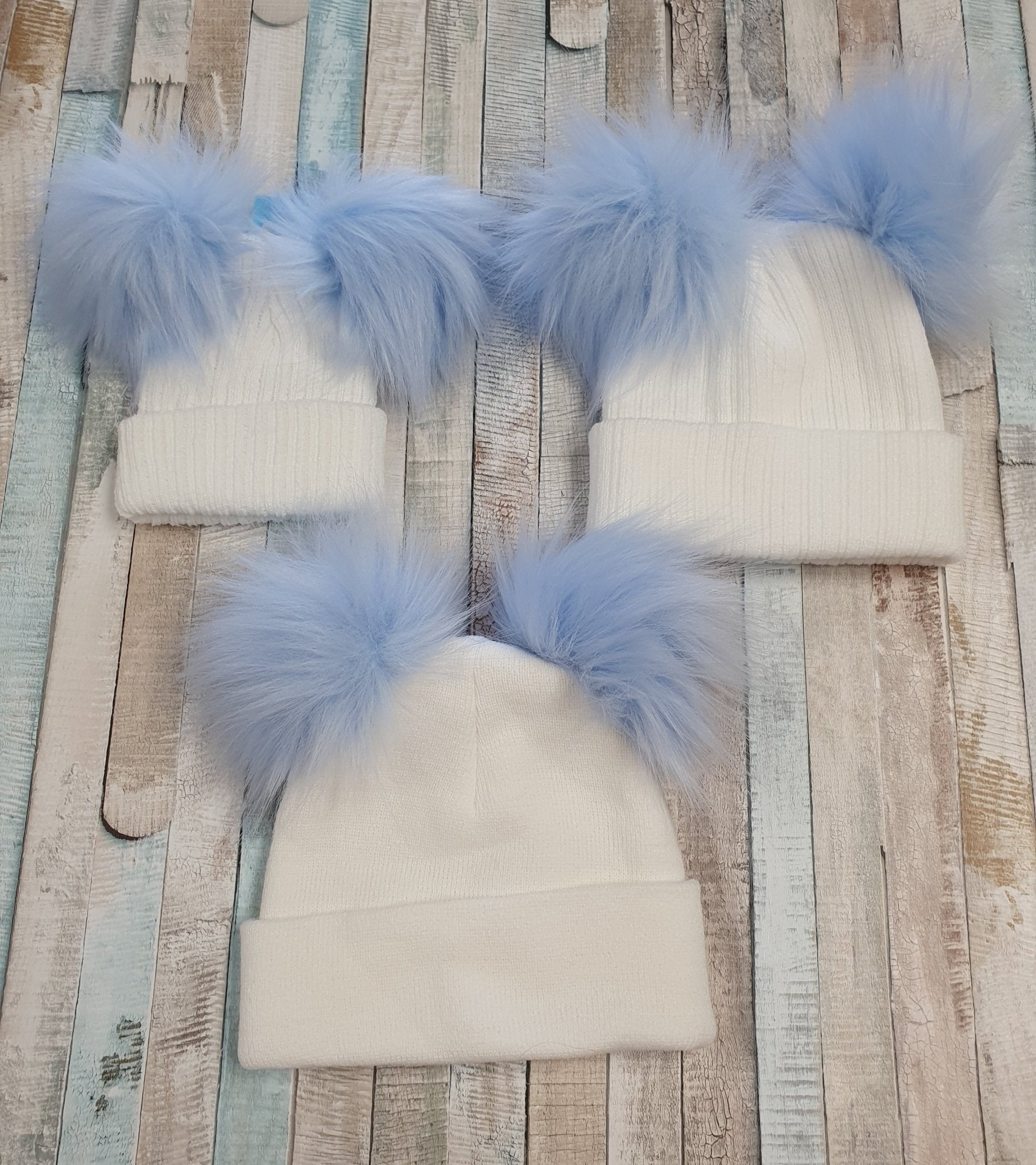 Personalised White Knitted Double Blue Fluffy Faux Fur Pom Hat - Nana B Baby & Childrenswear Boutique