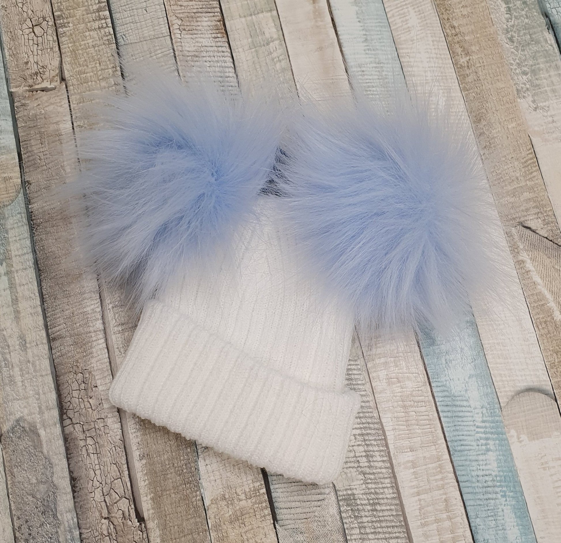 Personalised White Knitted Double Blue Fluffy Faux Fur Pom Hat - Nana B Baby & Childrenswear Boutique