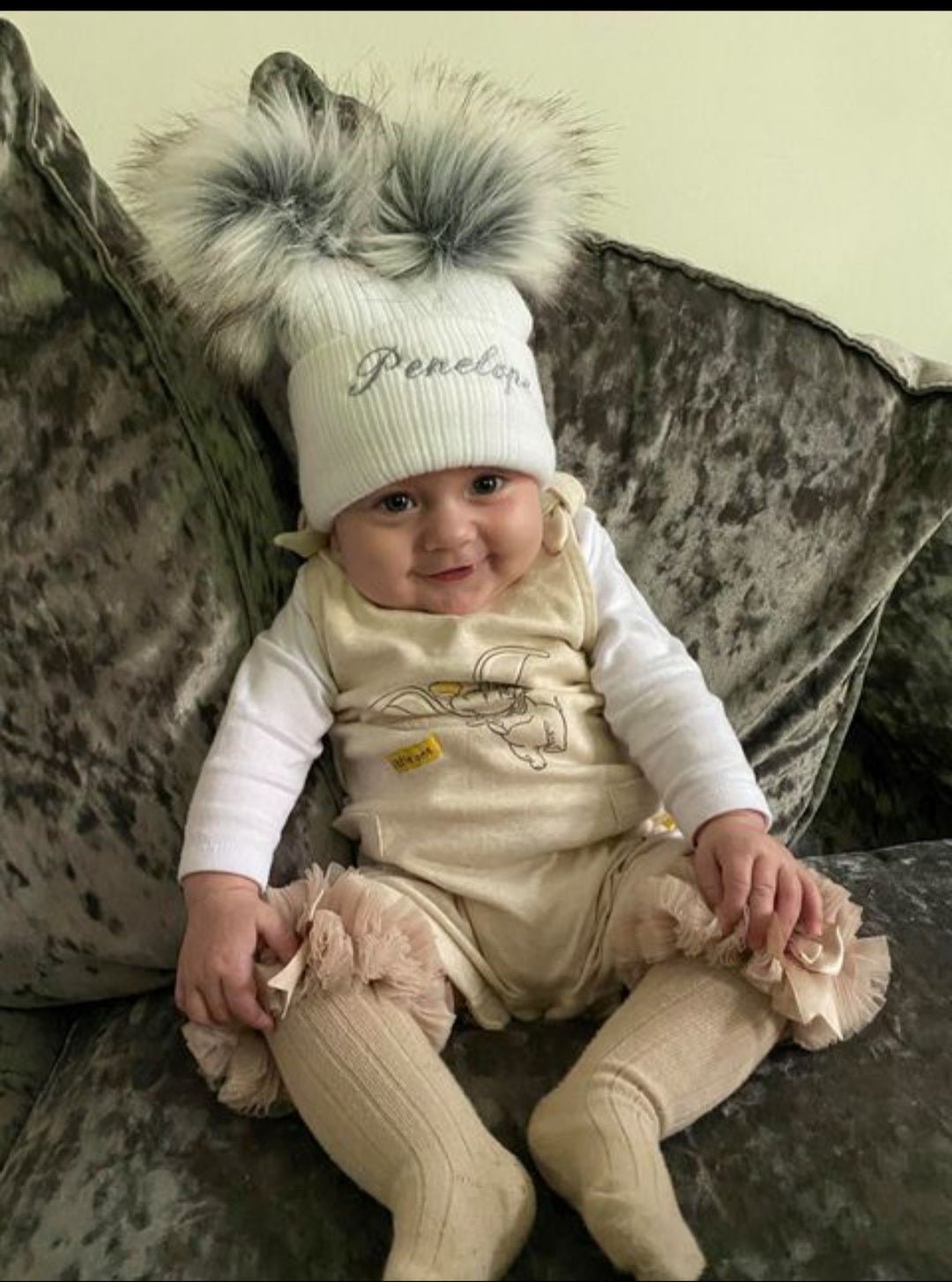 Personalised White Knitted Double Grey Fluffy Faux Fur Pom Hat - Nana B Baby & Childrenswear Boutique