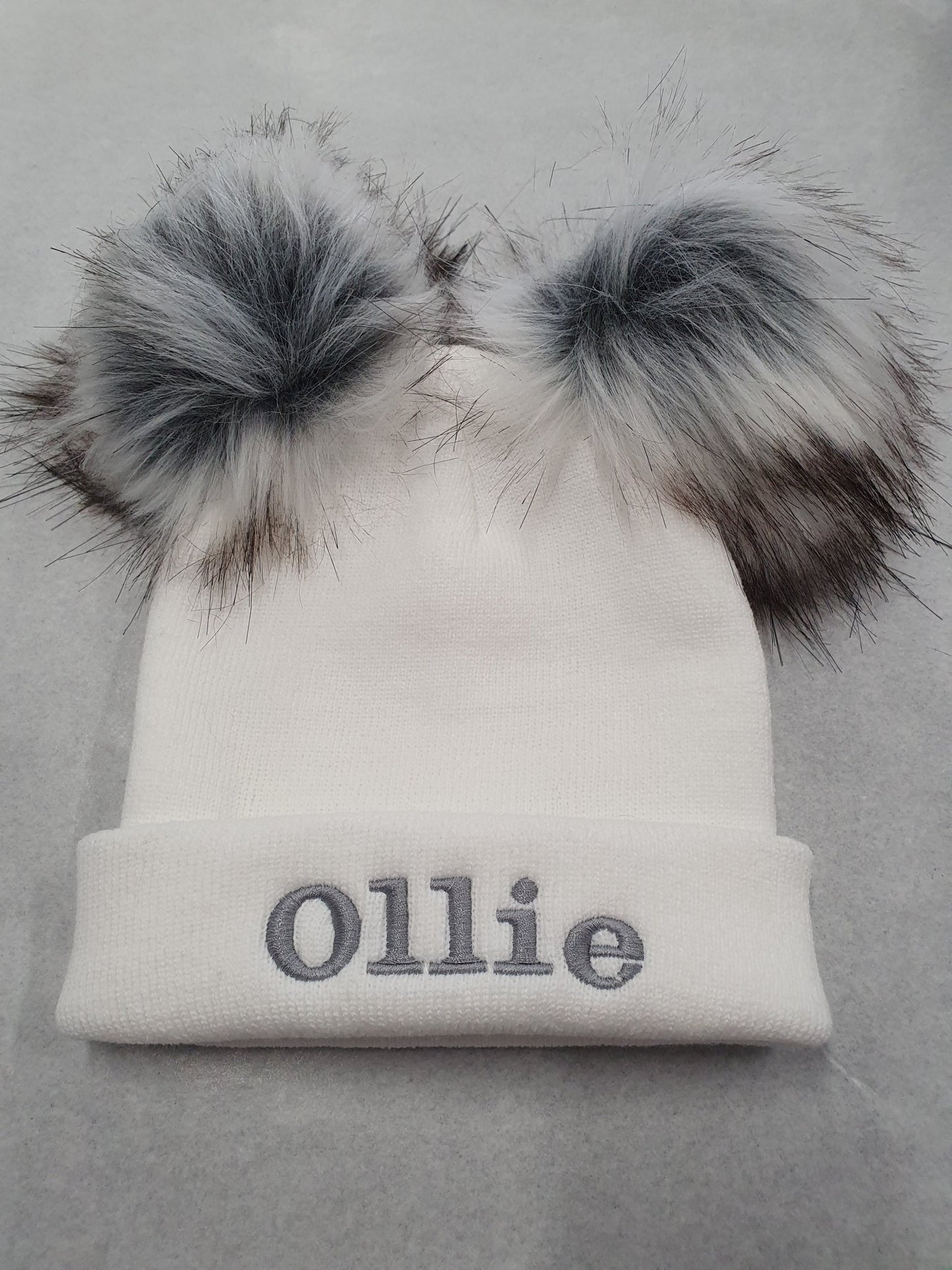 Personalised White Knitted Double Grey Fluffy Faux Fur Pom Hat - Nana B Baby & Childrenswear Boutique
