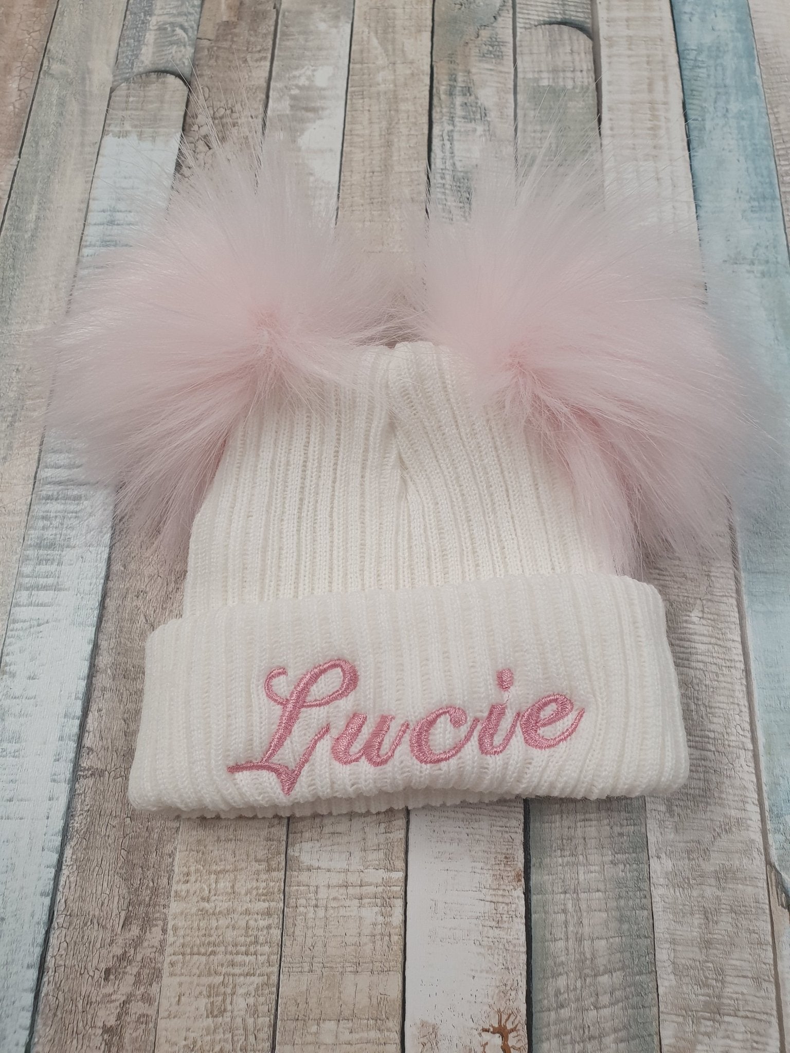 Personalised White Knitted Double Pink Fluffy Faux Fur Pom Hat - Nana B Baby & Childrenswear Boutique