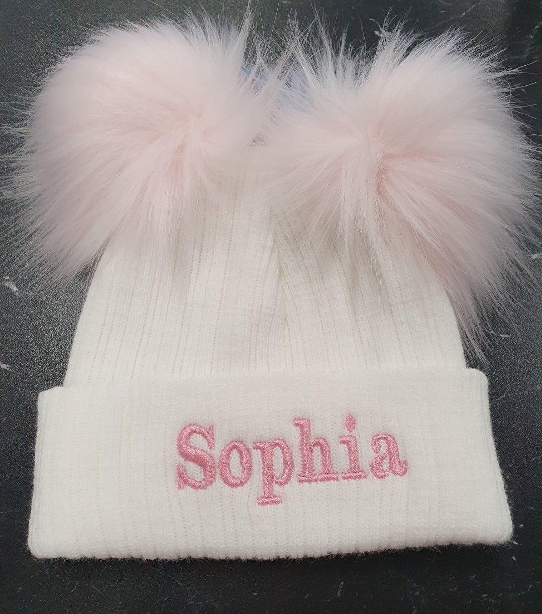 Personalised White Knitted Double Pink Fluffy Faux Fur Pom Hat - Nana B Baby & Childrenswear Boutique