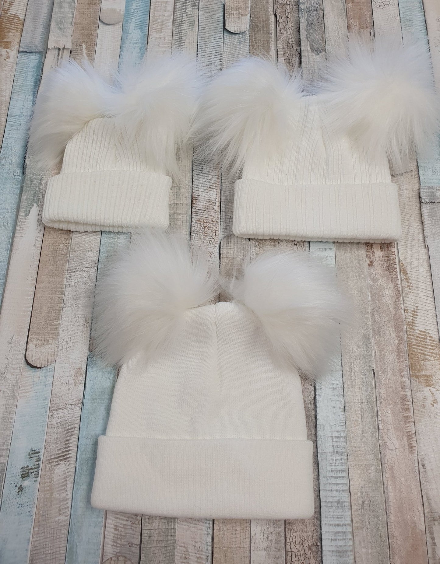 Personalised White Knitted Double White Fluffy Faux Fur Pom Hat - Nana B Baby & Childrenswear Boutique
