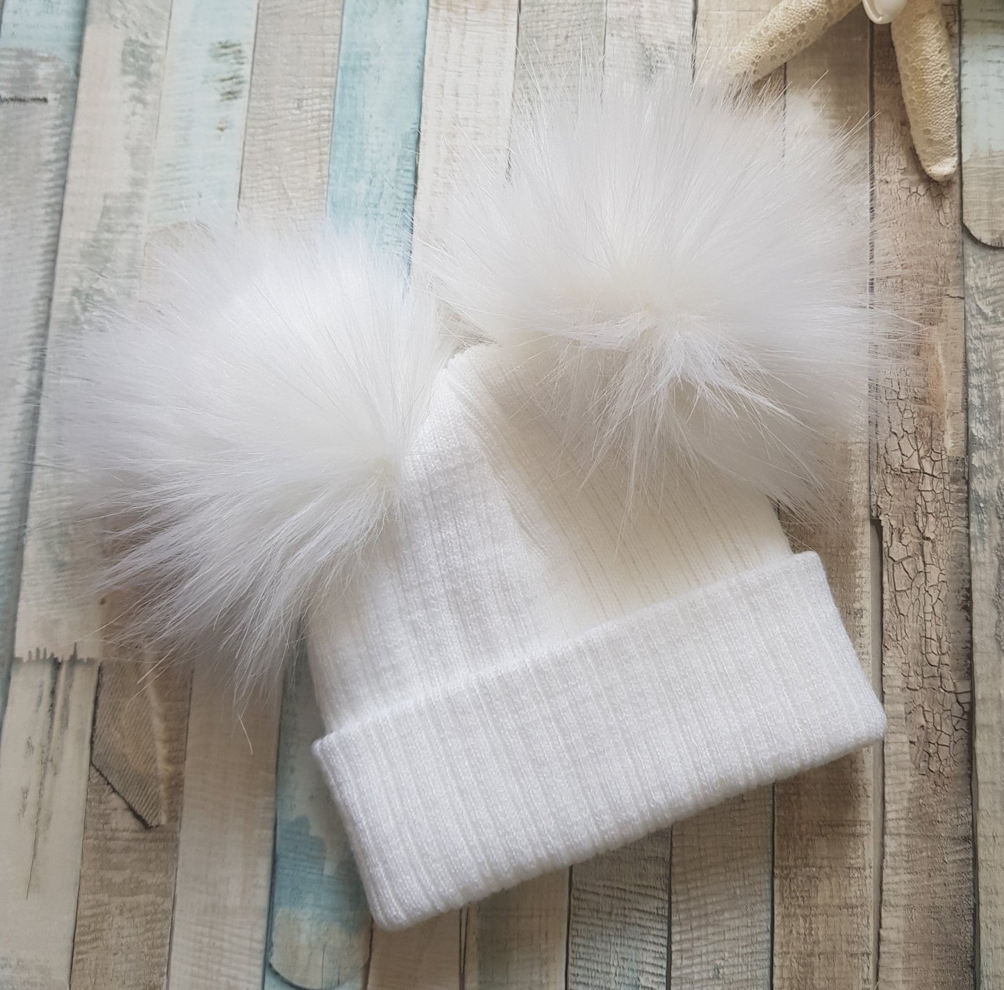 Personalised White Knitted Double White Fluffy Faux Fur Pom Hat - Nana B Baby & Childrenswear Boutique