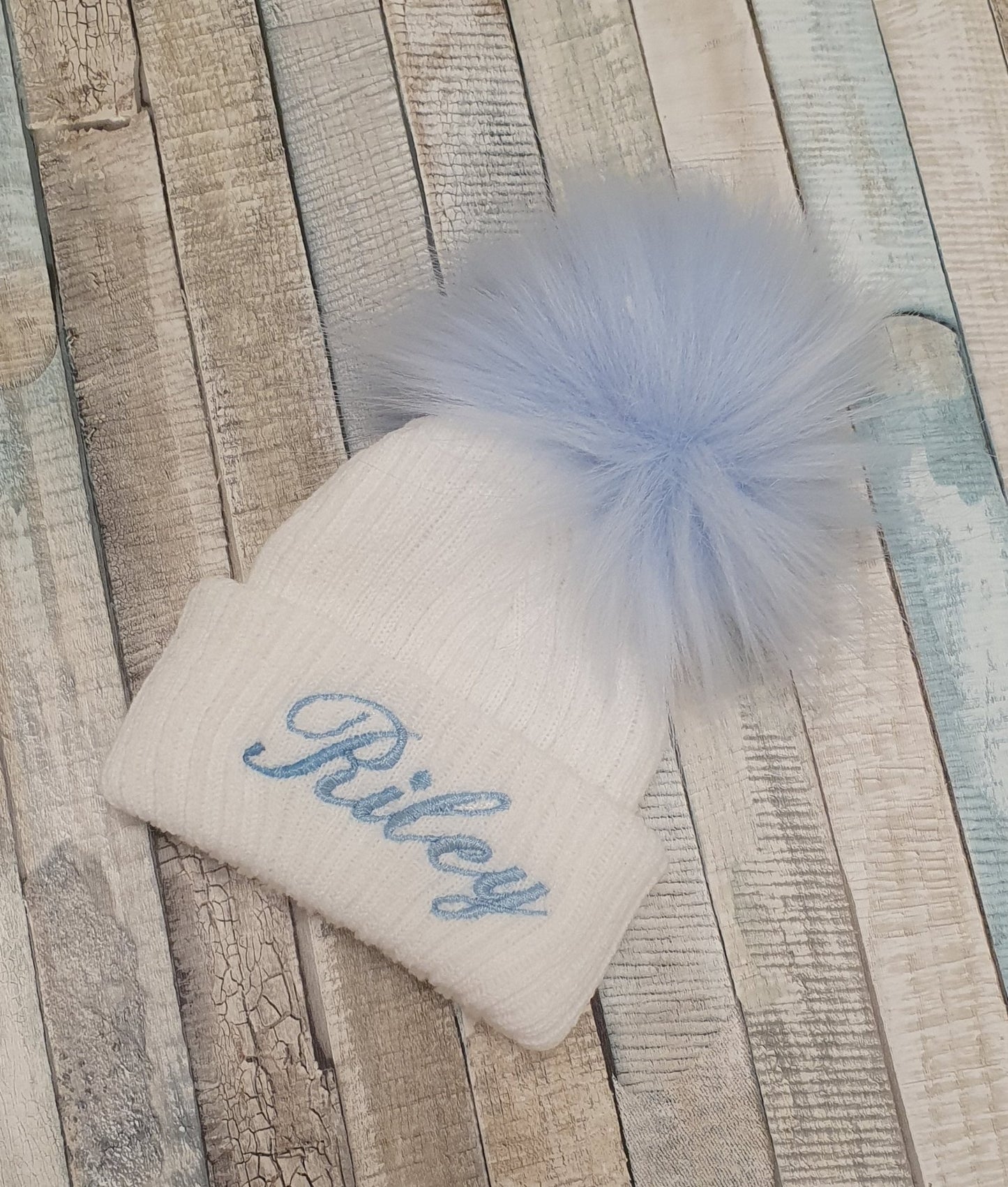 Personalised White Knitted Single Blue Fluffy Faux Fur Pom Hat - Nana B Baby & Childrenswear Boutique