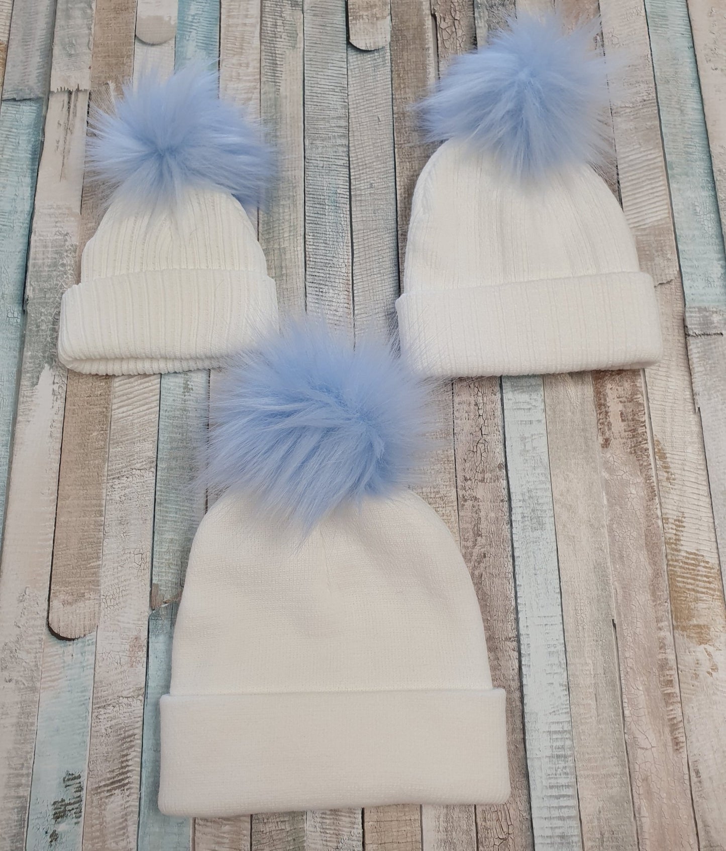 Personalised White Knitted Single Blue Fluffy Faux Fur Pom Hat - Nana B Baby & Childrenswear Boutique