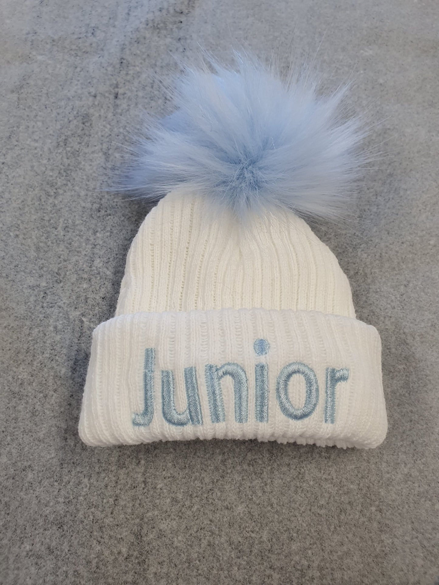 Personalised White Knitted Single Blue Fluffy Faux Fur Pom Hat - Nana B Baby & Childrenswear Boutique