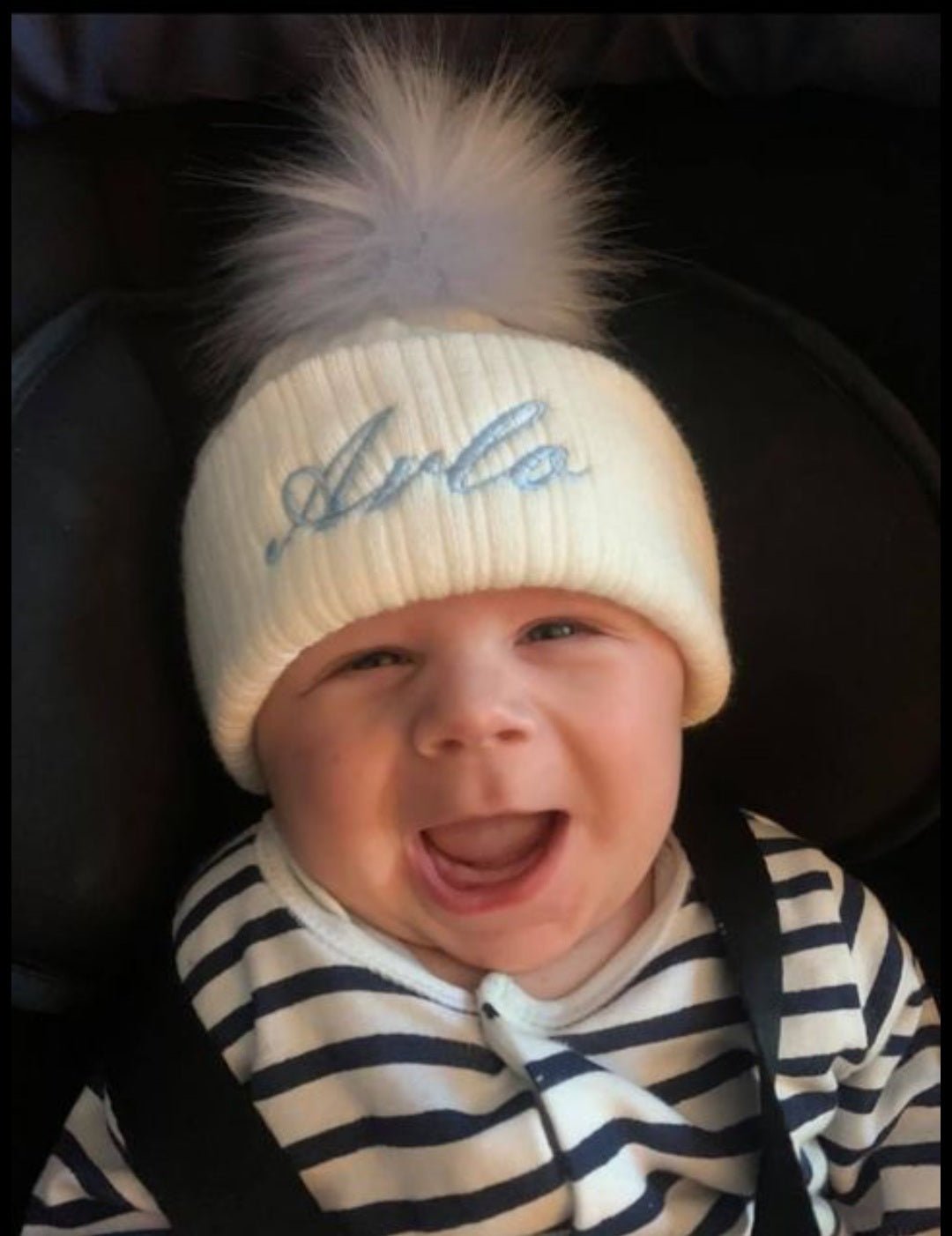 Personalised White Knitted Single Blue Fluffy Faux Fur Pom Hat - Nana B Baby & Childrenswear Boutique