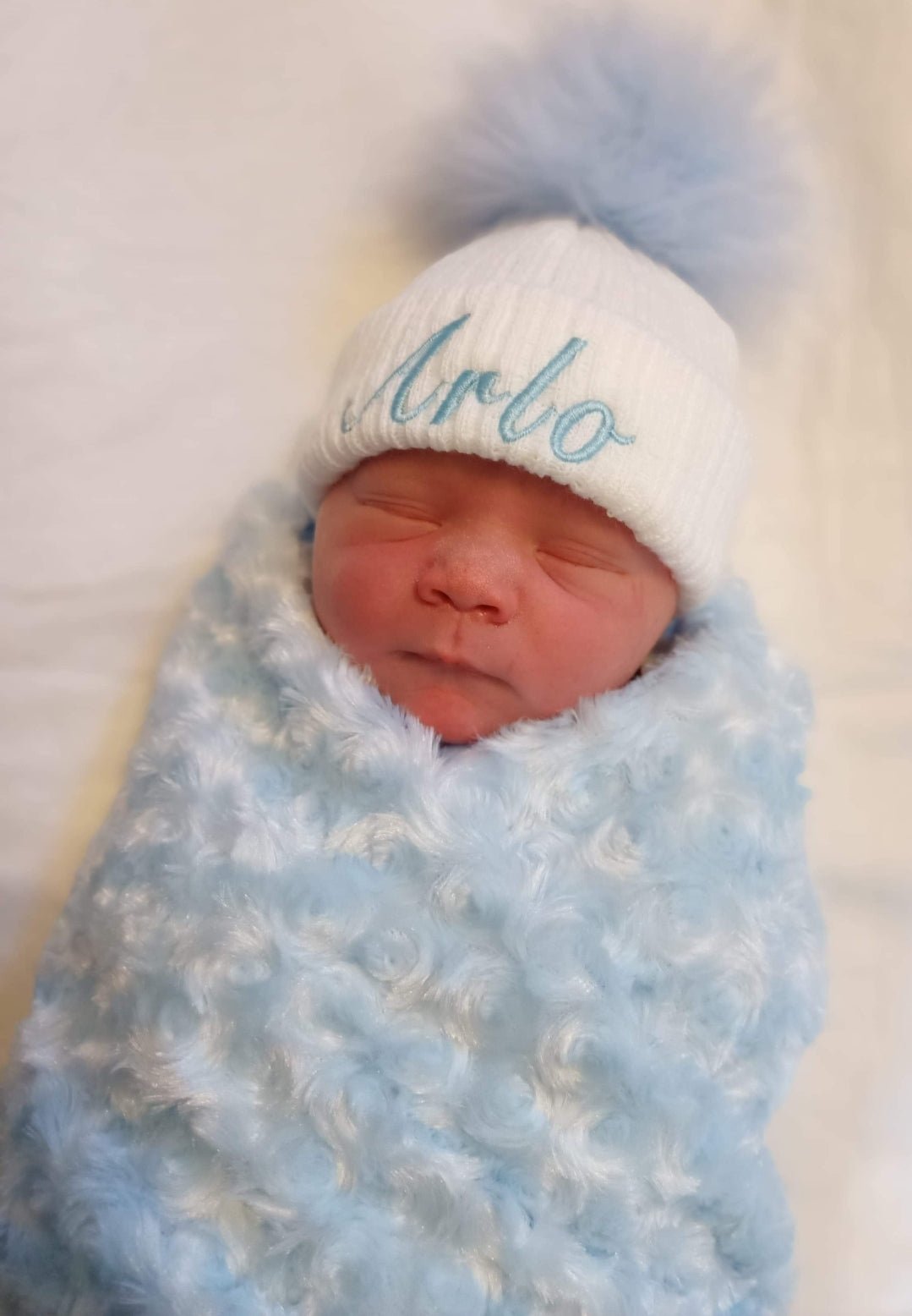 Personalised Baby White Knitted Single Blue Fluffy Faux Fur Pom Hat