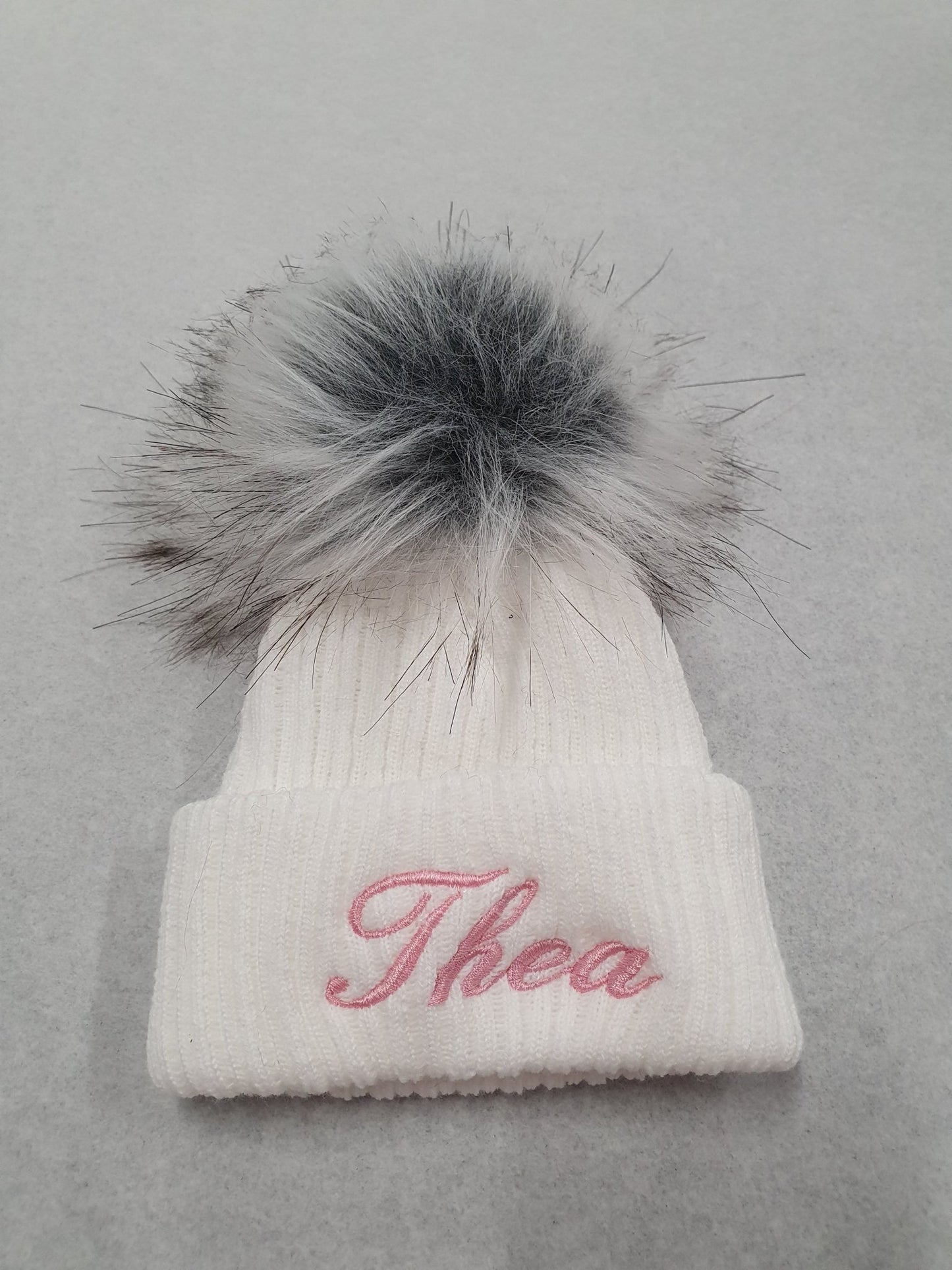 Personalised White Knitted Single Grey Fluffy Faux Fur Pom Hat - Nana B Baby & Childrenswear Boutique