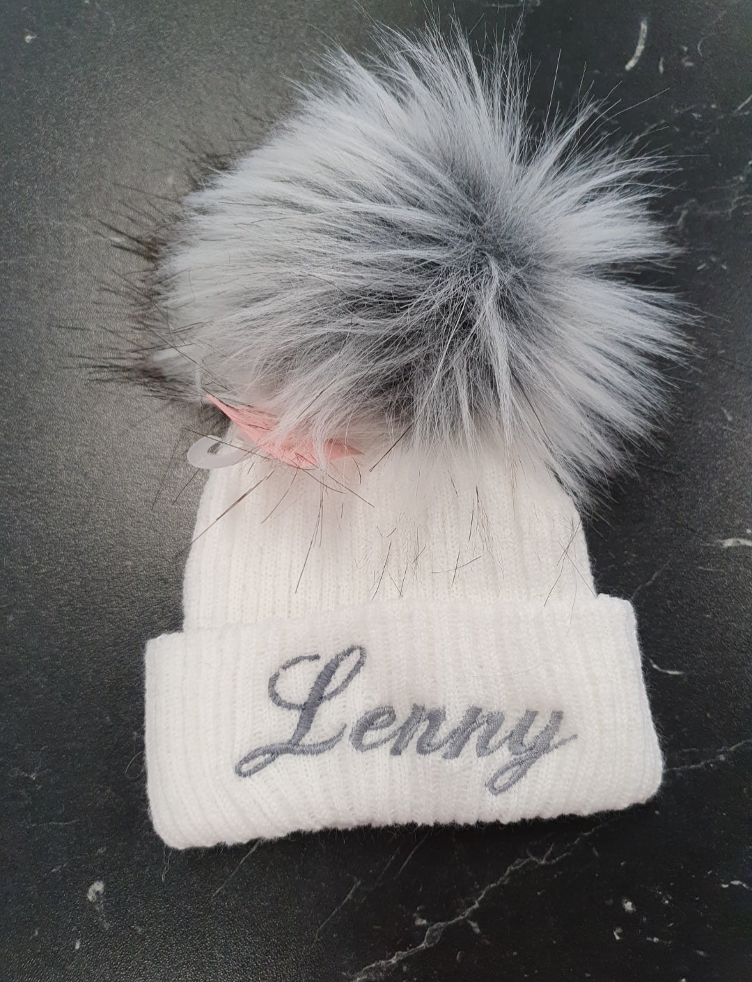 Personalised White Knitted Single Grey Fluffy Faux Fur Pom Hat - Nana B Baby & Childrenswear Boutique