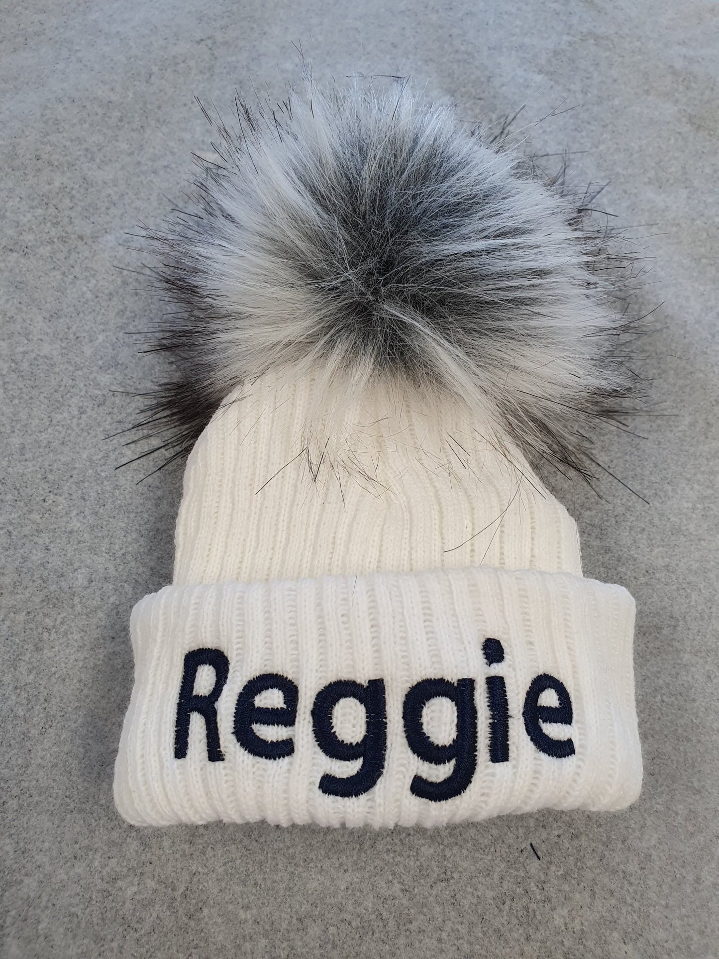 Personalised White Knitted Single Grey Fluffy Faux Fur Pom Hat - Nana B Baby & Childrenswear Boutique