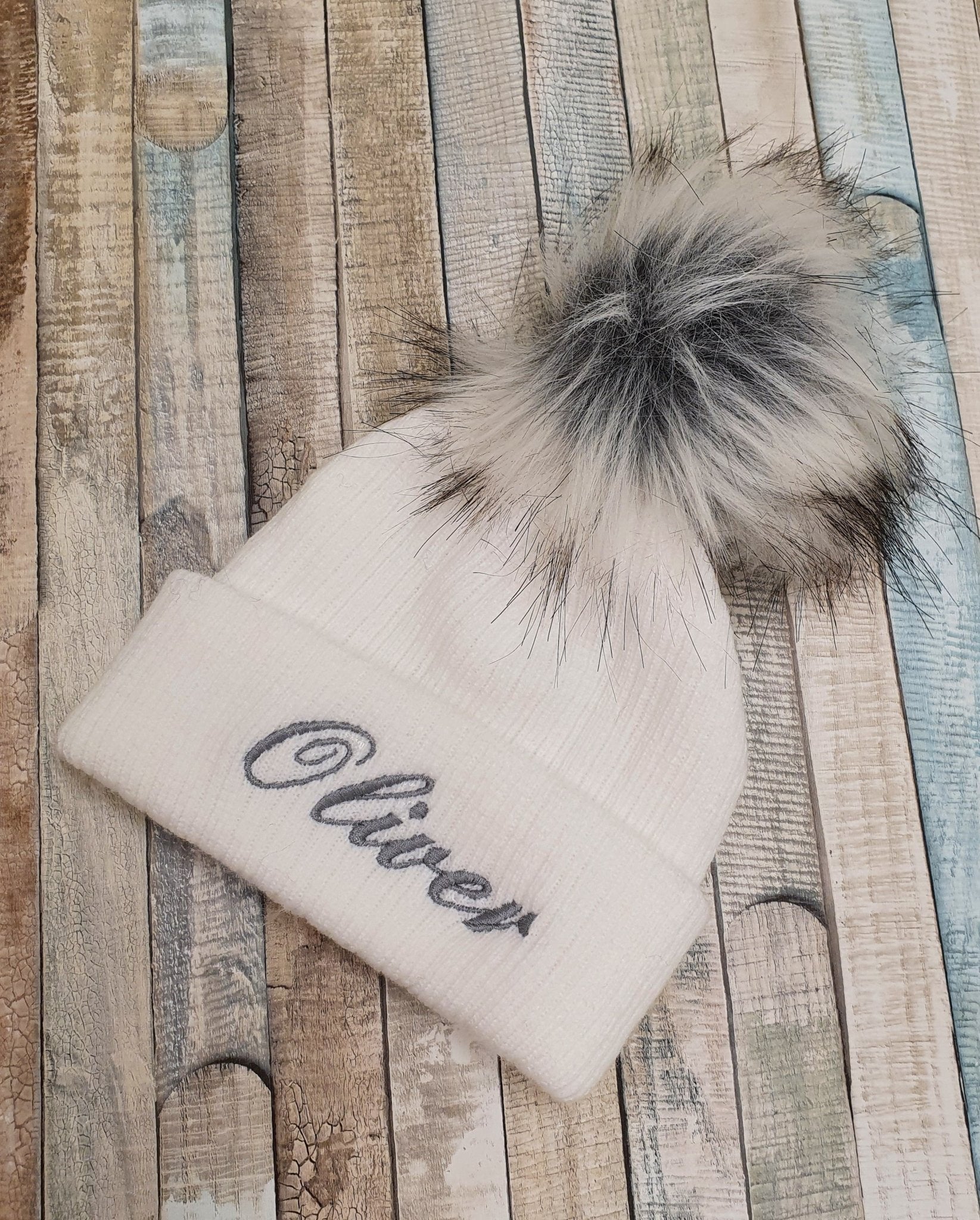 Personalised White Knitted Single Grey Fluffy Faux Fur Pom Hat - Nana B Baby & Childrenswear Boutique