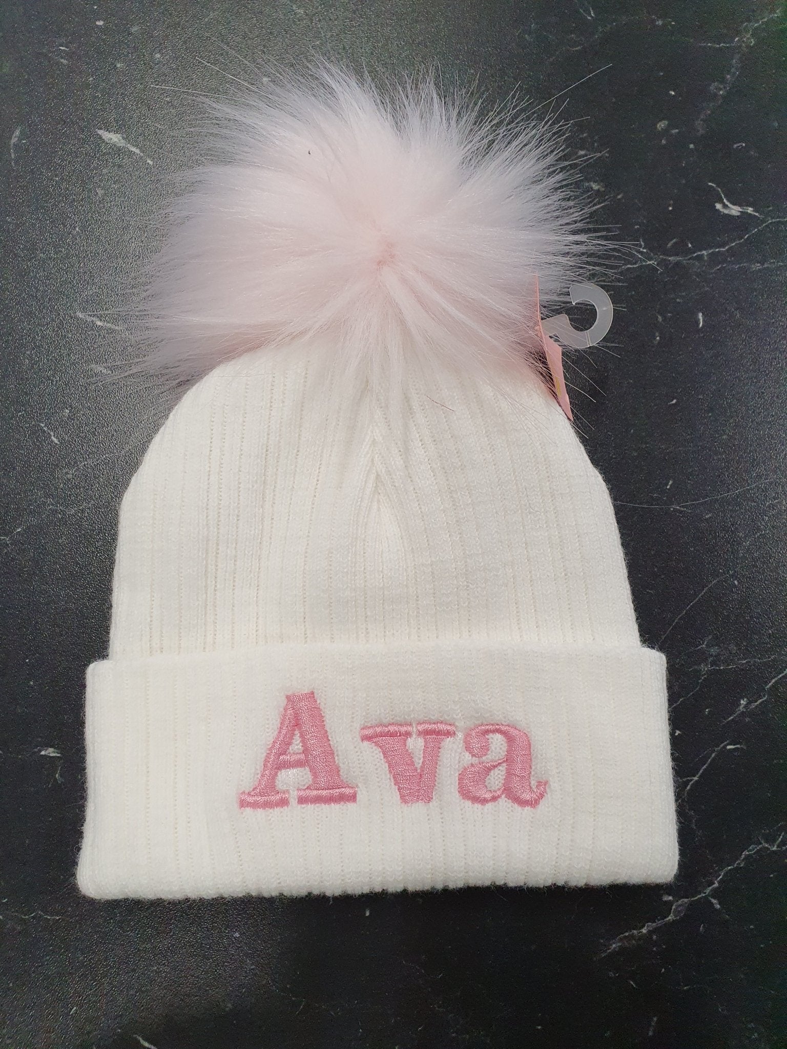 Personalised White Knitted Single Pink Fluffy Faux Fur Pom Hat - Nana B Baby & Childrenswear Boutique