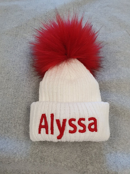 Personalised White Knitted Single Red Fluffy Faux Fur Pom Hat - Nana B Baby & Childrenswear Boutique