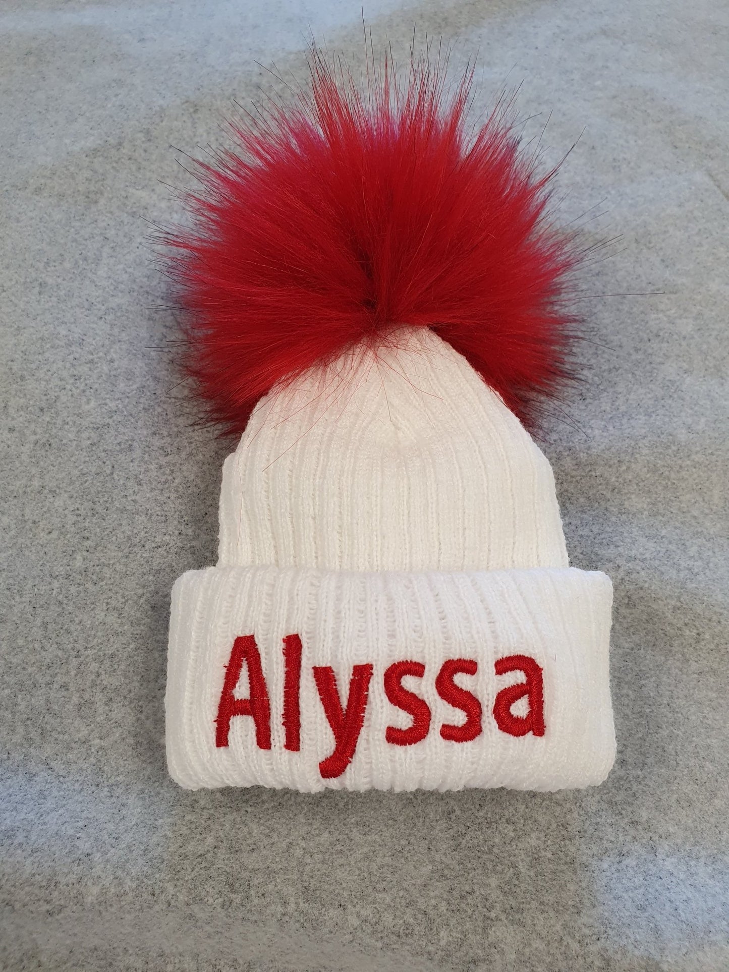 Personalised White Knitted Single Red Fluffy Faux Fur Pom Hat - Nana B Baby & Childrenswear Boutique