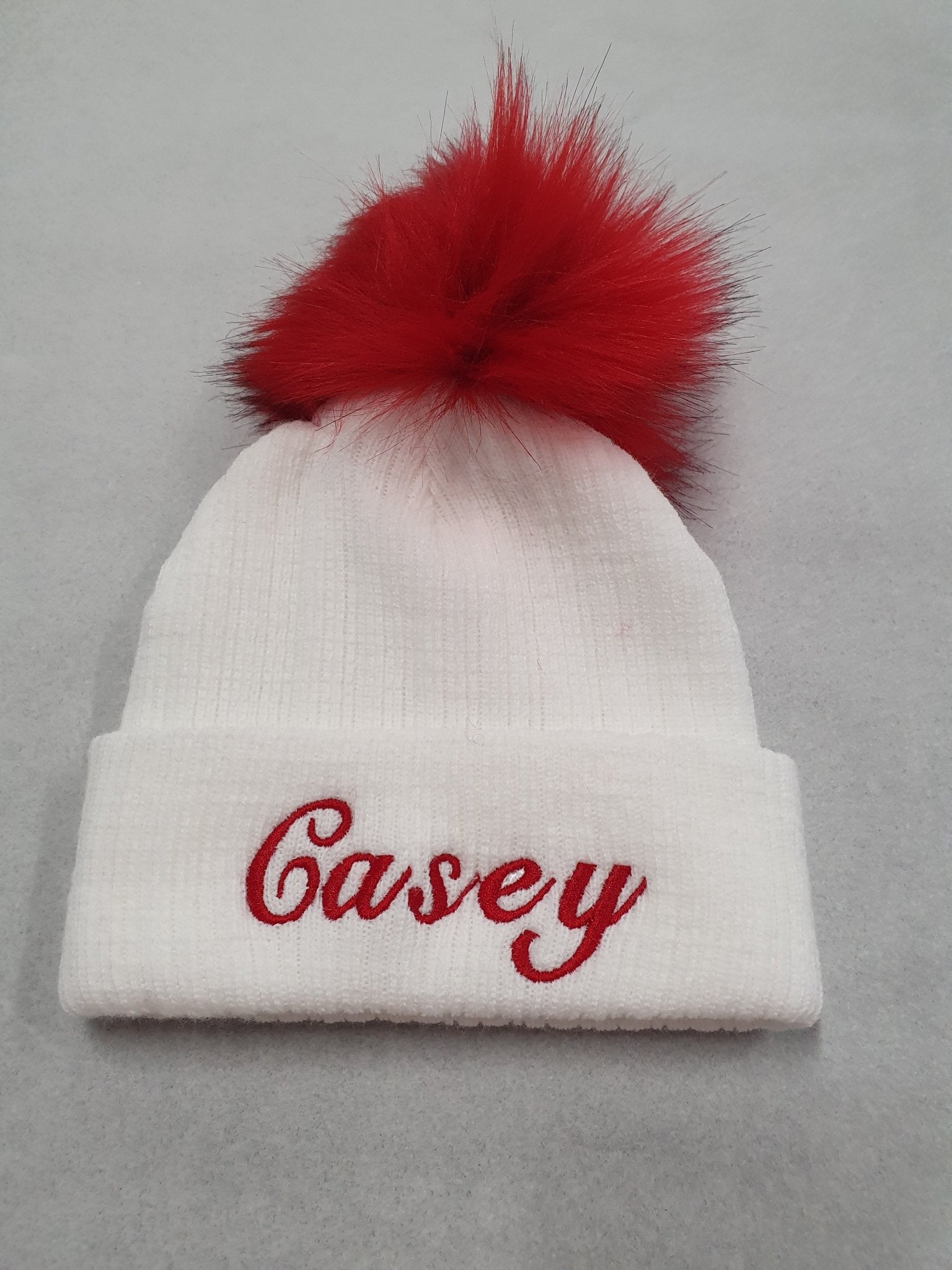 Personalised White Knitted Single Red Fluffy Faux Fur Pom Hat - Nana B Baby & Childrenswear Boutique