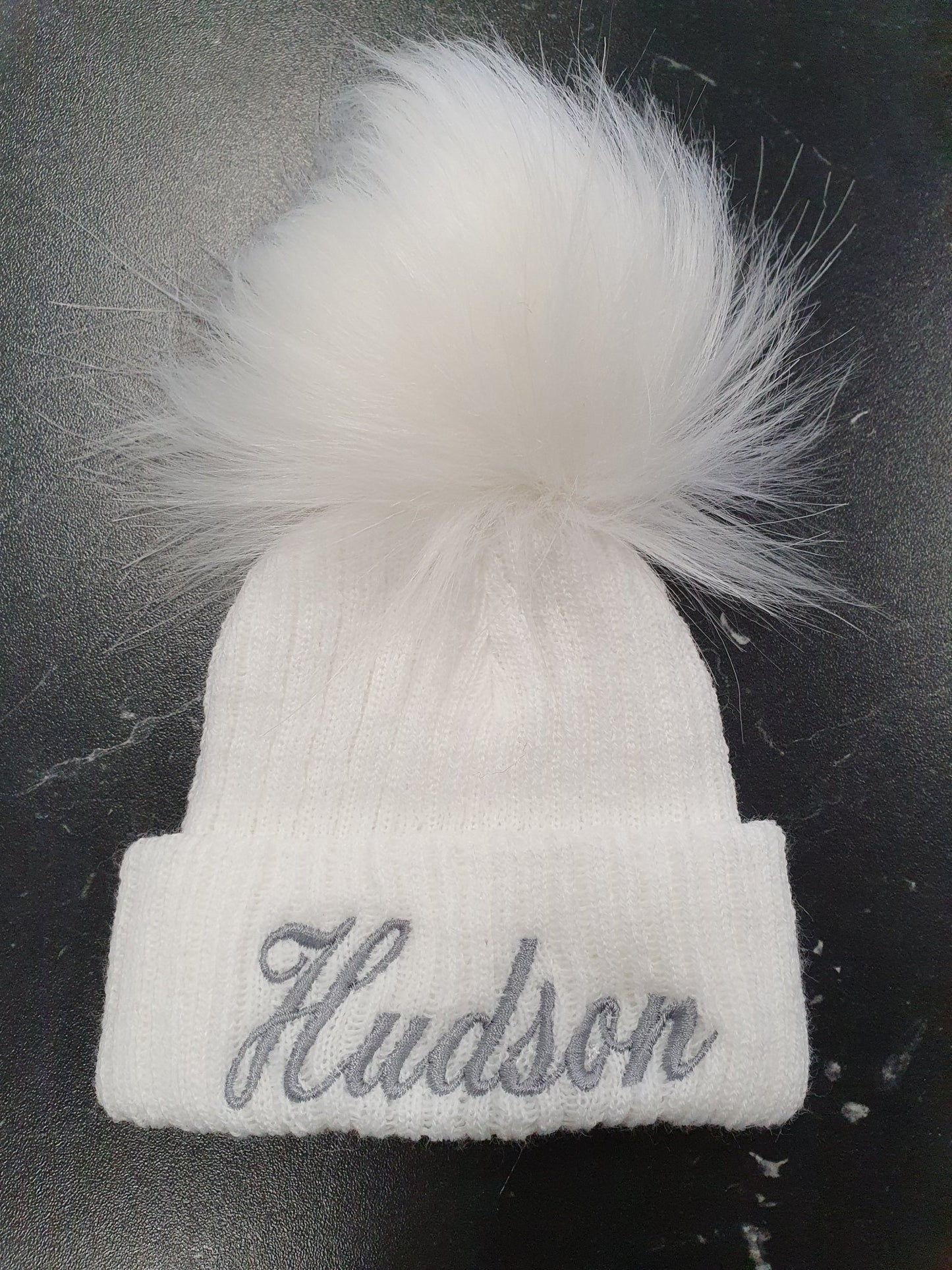 Personalised White Knitted Single White Fluffy Faux Fur Pom Hat - Nana B Baby & Childrenswear Boutique