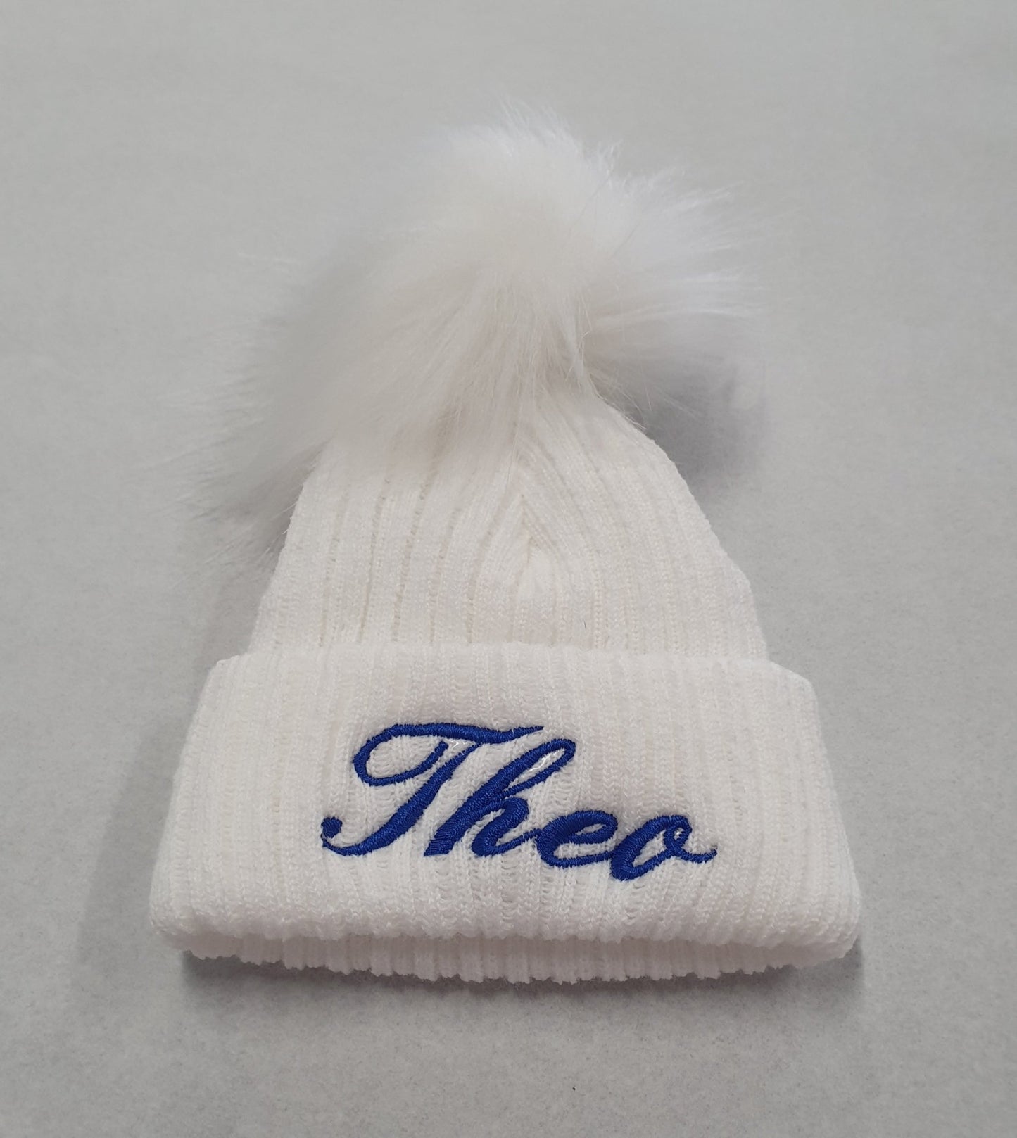 Personalised White Knitted Single White Fluffy Faux Fur Pom Hat - Nana B Baby & Childrenswear Boutique