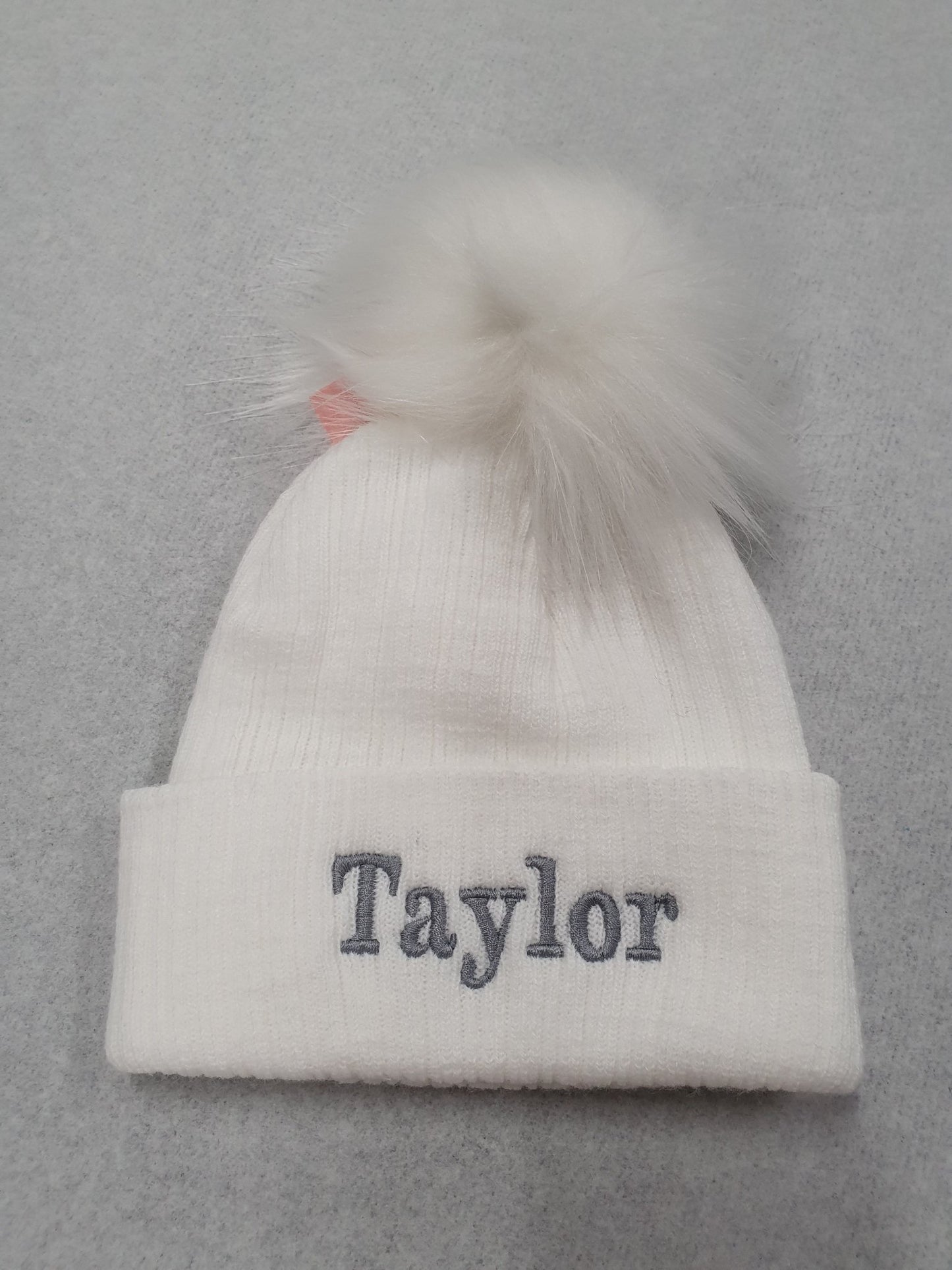 Personalised White Knitted Single White Fluffy Faux Fur Pom Hat - Nana B Baby & Childrenswear Boutique