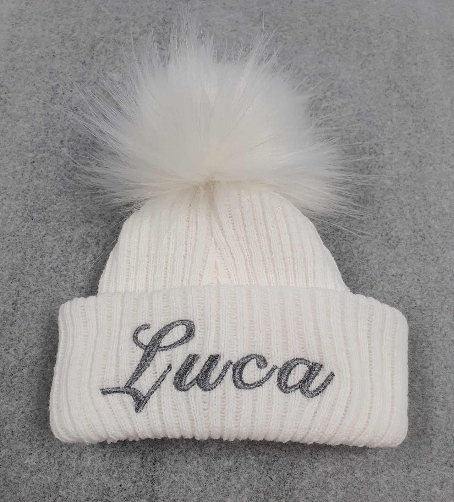 Personalised White Knitted Single White Fluffy Faux Fur Pom Hat - Nana B Baby & Childrenswear Boutique