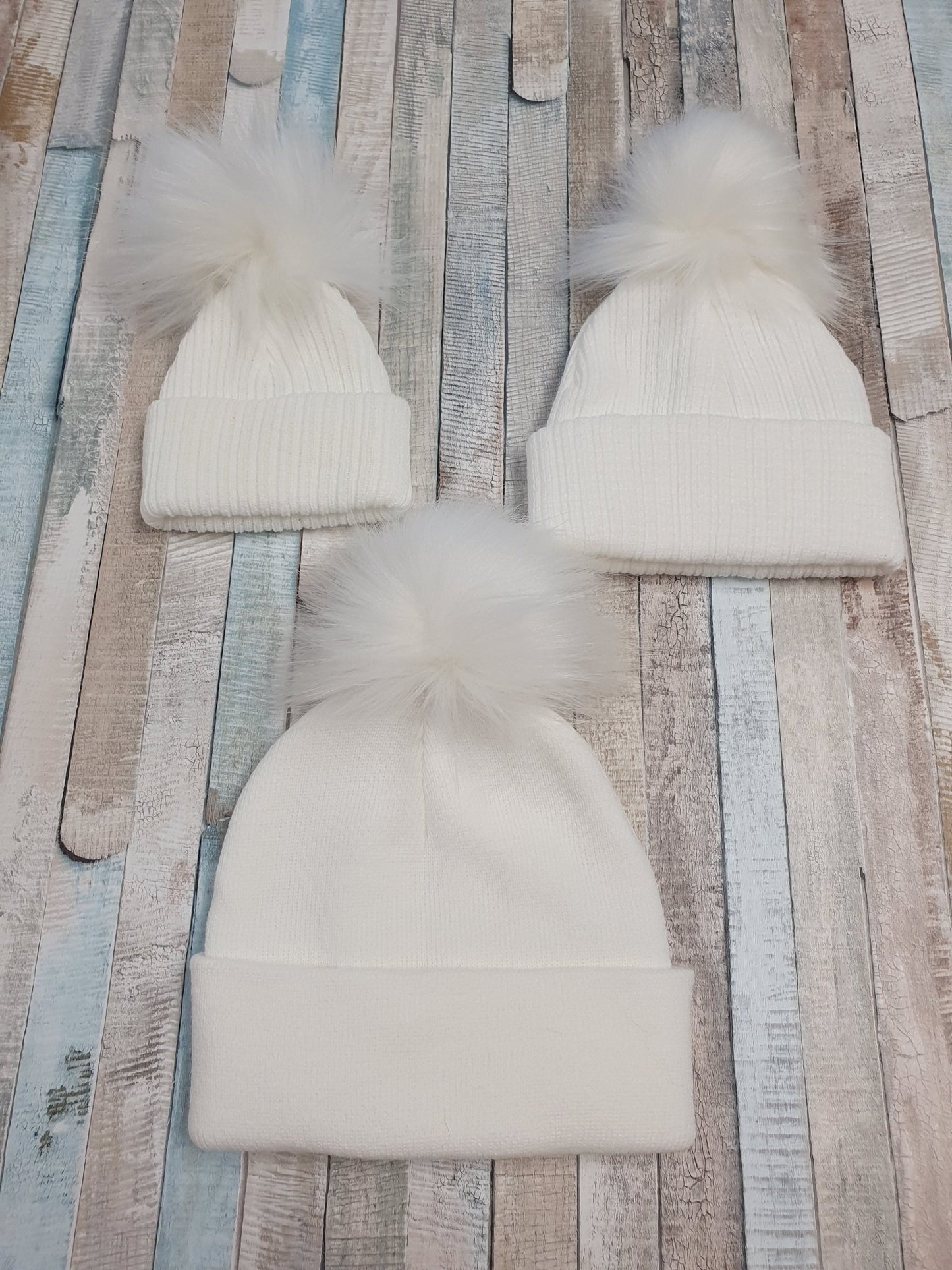 Personalised White Knitted Single White Fluffy Faux Fur Pom Hat - Nana B Baby & Childrenswear Boutique