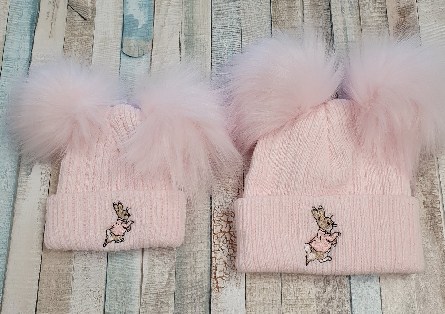 Pink Knitted Pink Rabbit Hat With Double Pink Fluffy Faux Fur Pom - Nana B Baby & Childrenswear Boutique