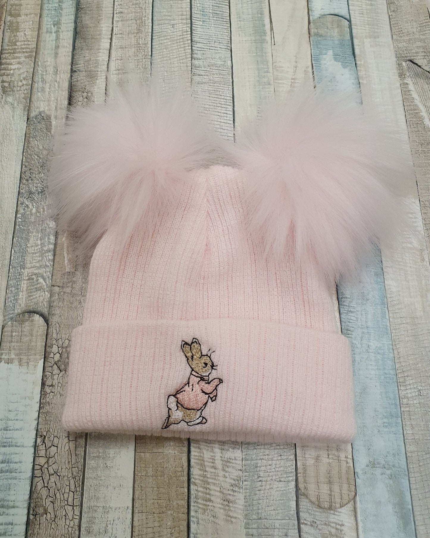 Pink Knitted Pink Rabbit Hat With Double Pink Fluffy Faux Fur Pom - Nana B Baby & Childrenswear Boutique