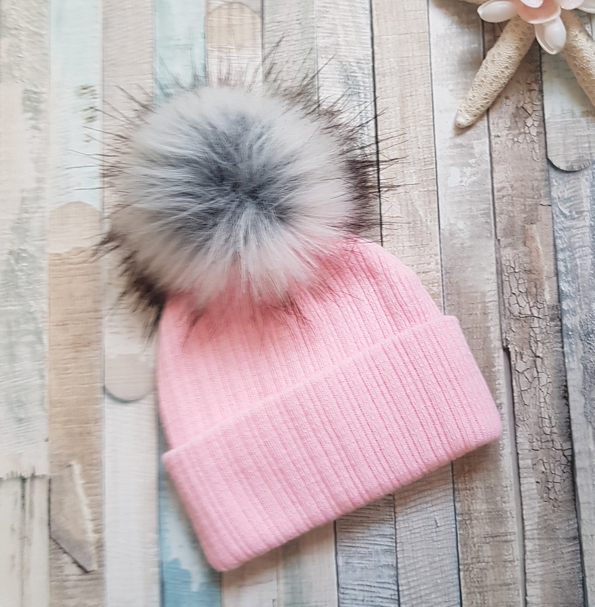 Pink Knitted Single Grey Fluffy Faux Fur Pom Hat - Nana B Baby & Childrenswear Boutique