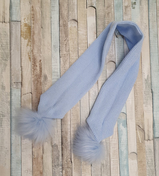 Plain Blue Scarf With Blue Faux Fur Pom - Nana B Baby & Childrenswear Boutique